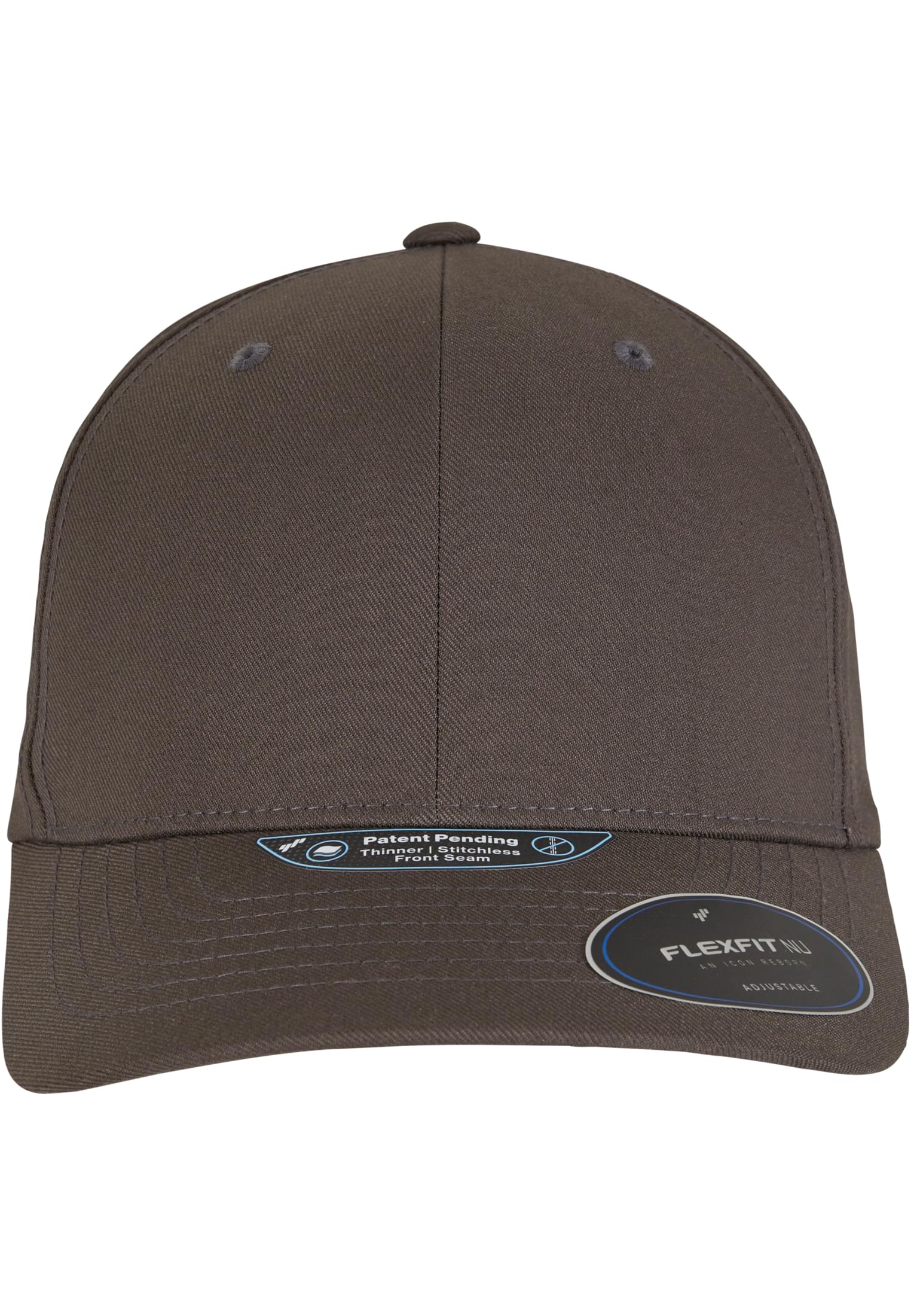 Framsidan av en mörkgrå Flexfit NU Adjustable Snapback-keps.