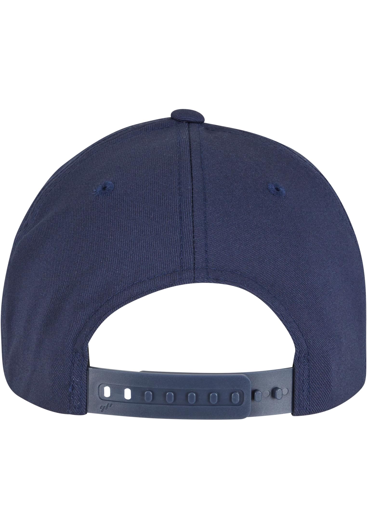 Baksidan av en mörkblå Flexfit NU Adjustable Snapback-keps, med fokus på det justerbara spännet.