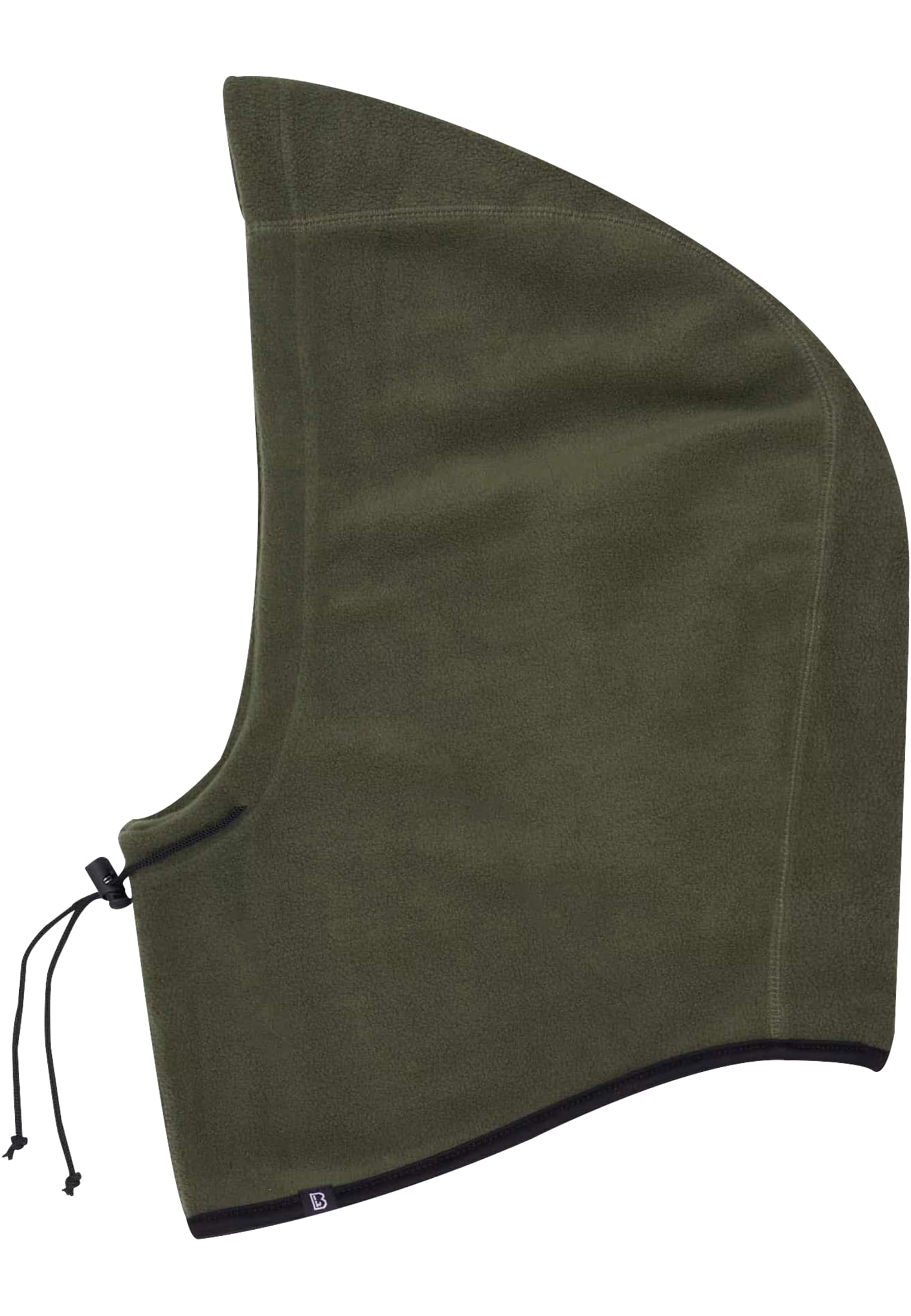 En olivgrön balaclava i fleece, visad från sidan mot vit bakgrund.