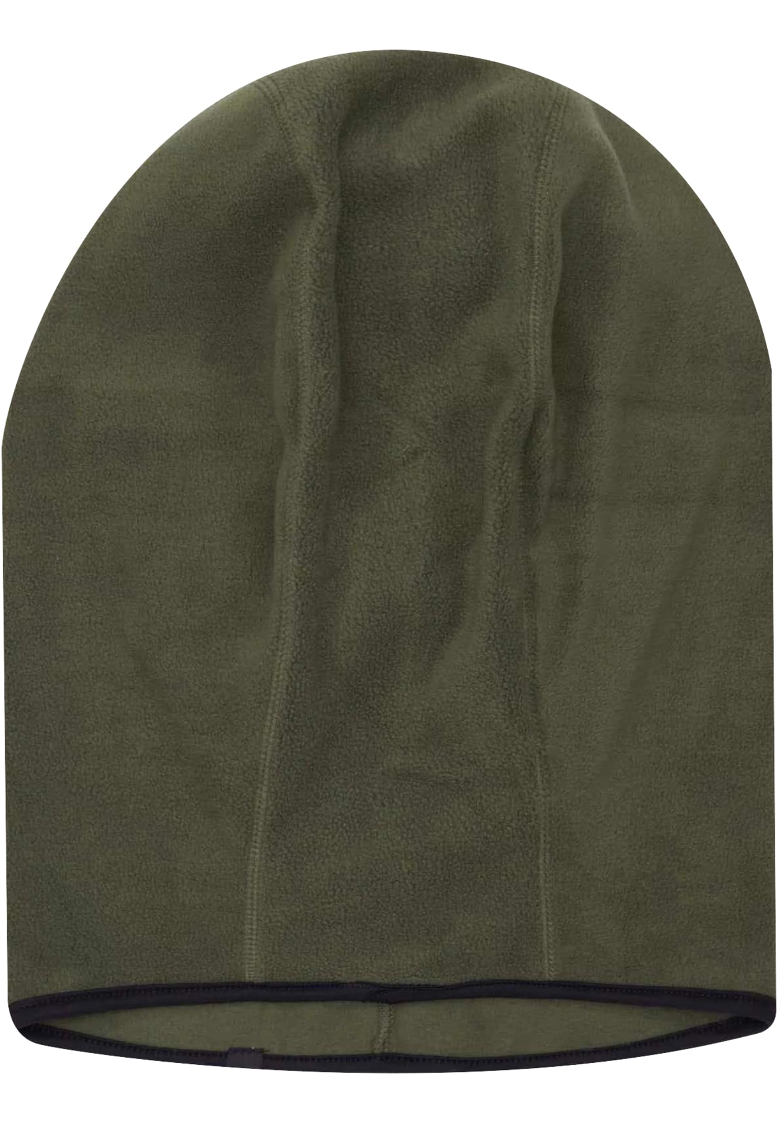 Baksidan av en olivgrön balaclava i fleece, fotograferad platt mot en vit bakgrund.