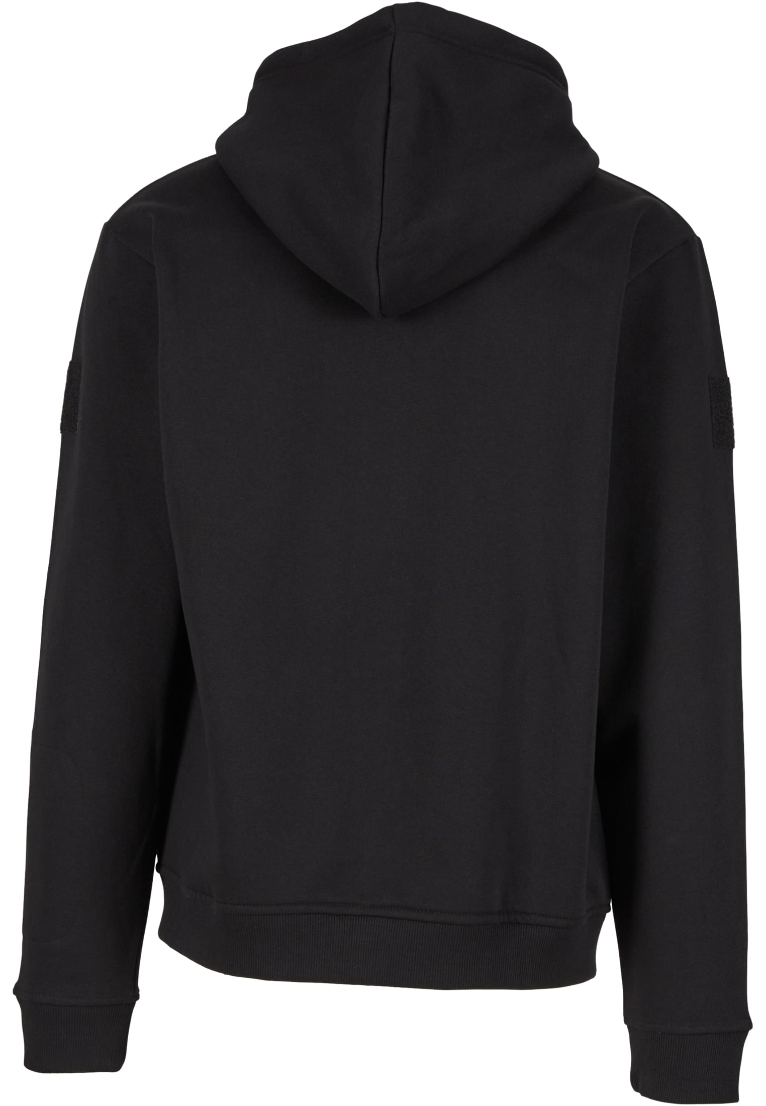 Baksidan av en svart B Tactical Sweat Jacket med huva, mot en vit bakgrund.