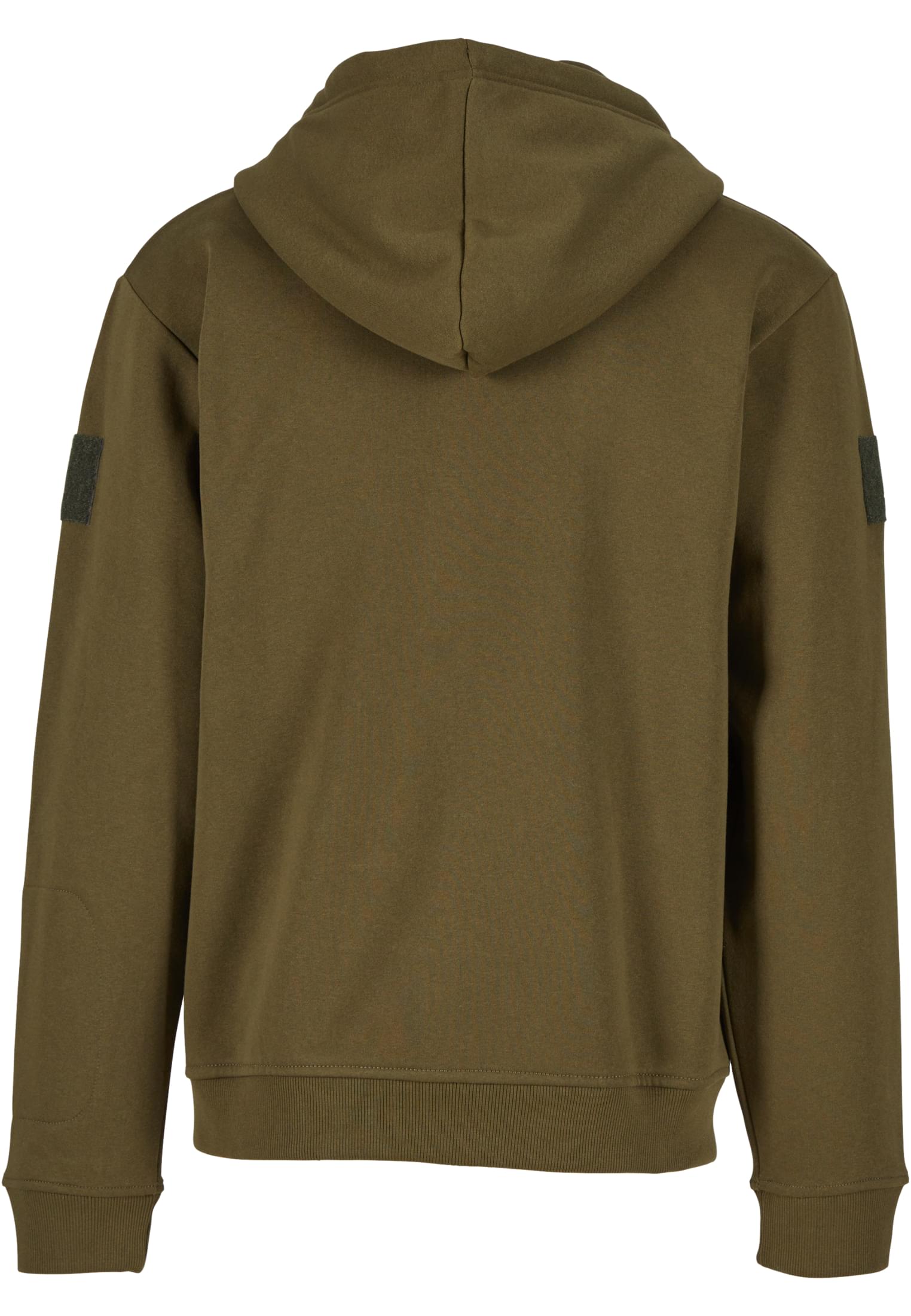Baksidan av B Tactical Sweat Jacket i olivgrönt, som visar huvan och de taktiska patcharna på ärmarna.