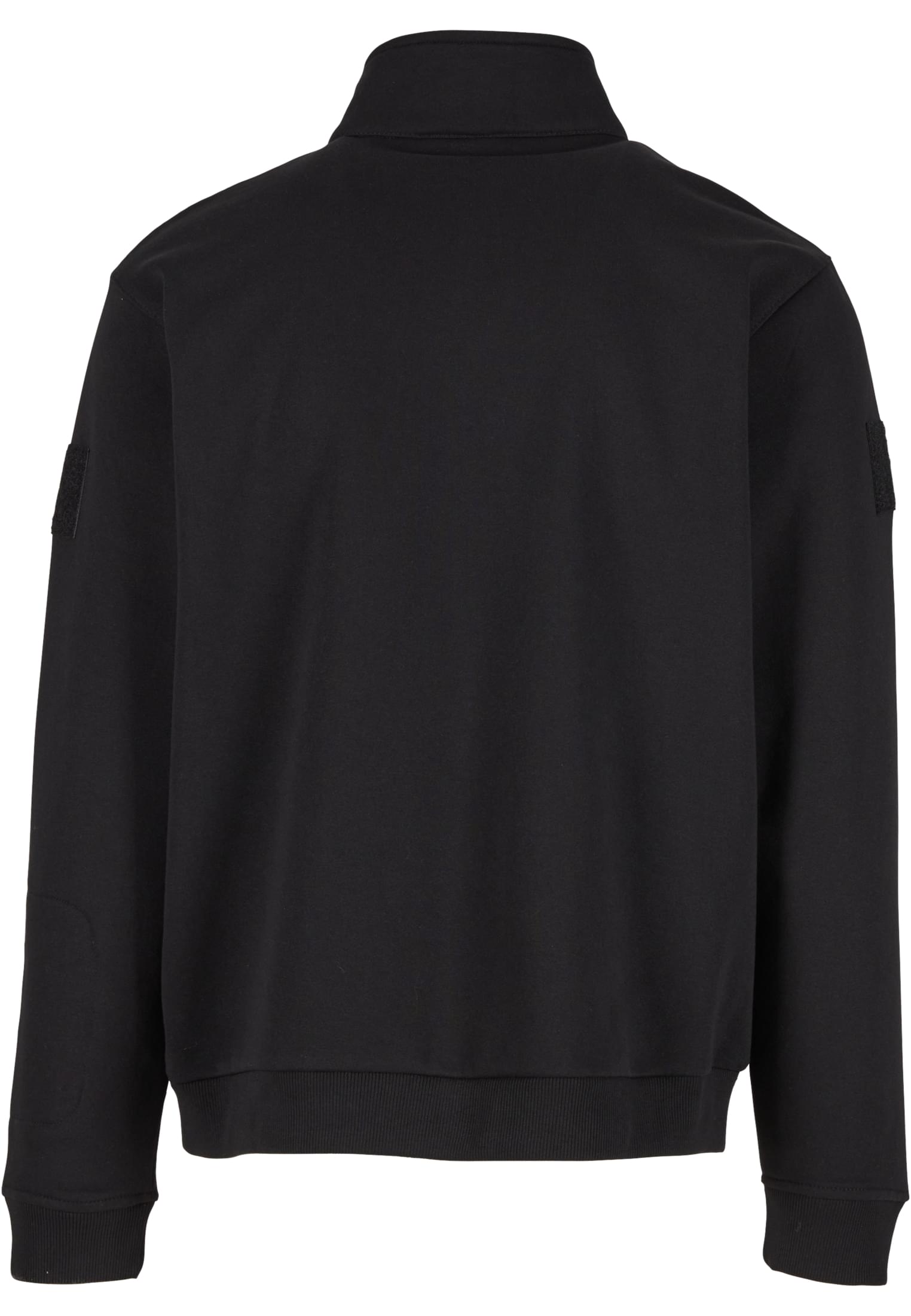 Baksidan av en svart, långärmad tröja med hög krage och kardborrepaneler på ärmarna.