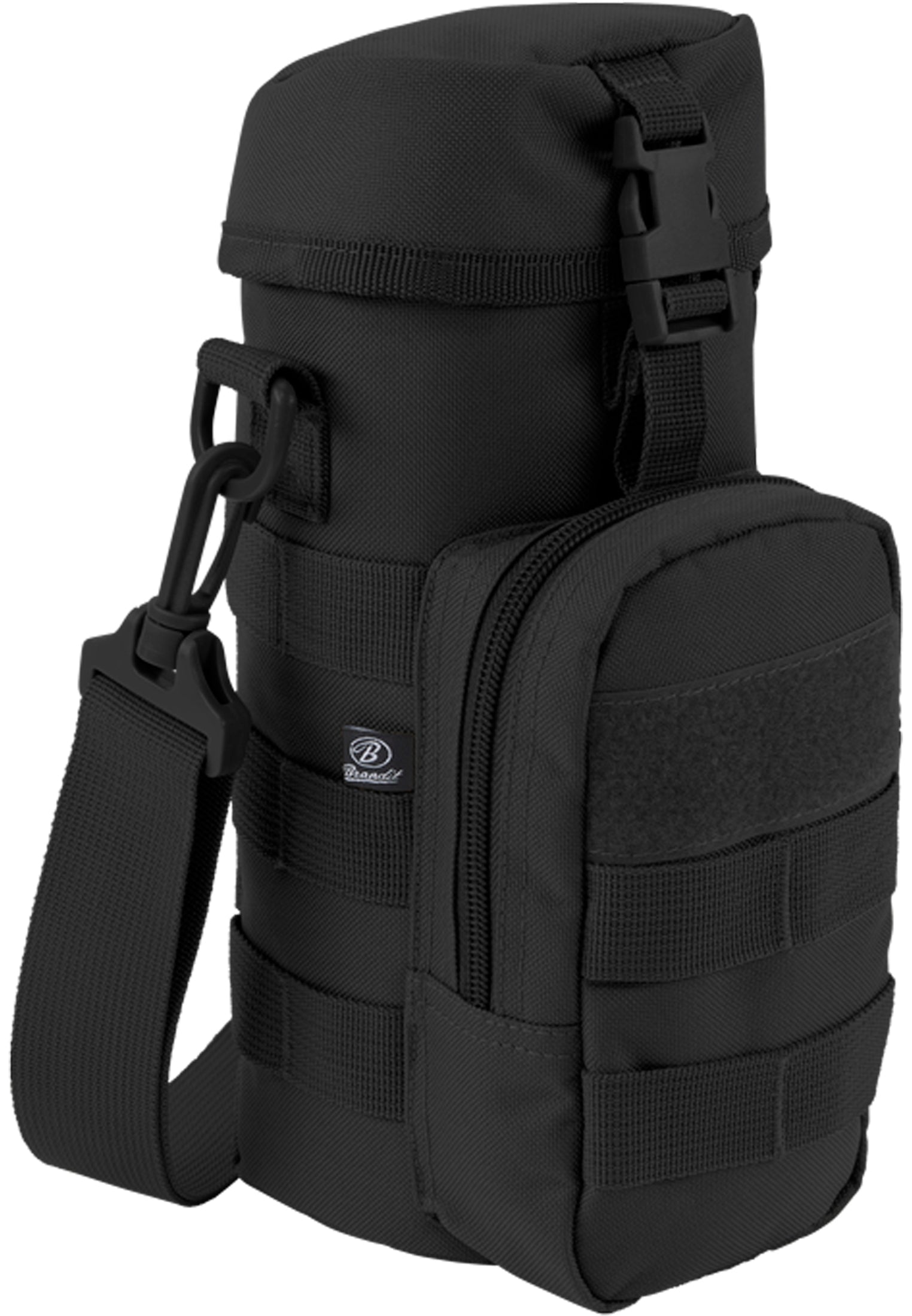 En svart taktisk flaskhållare med axelrem, MOLLE-fästen och en extra ficka framtill.