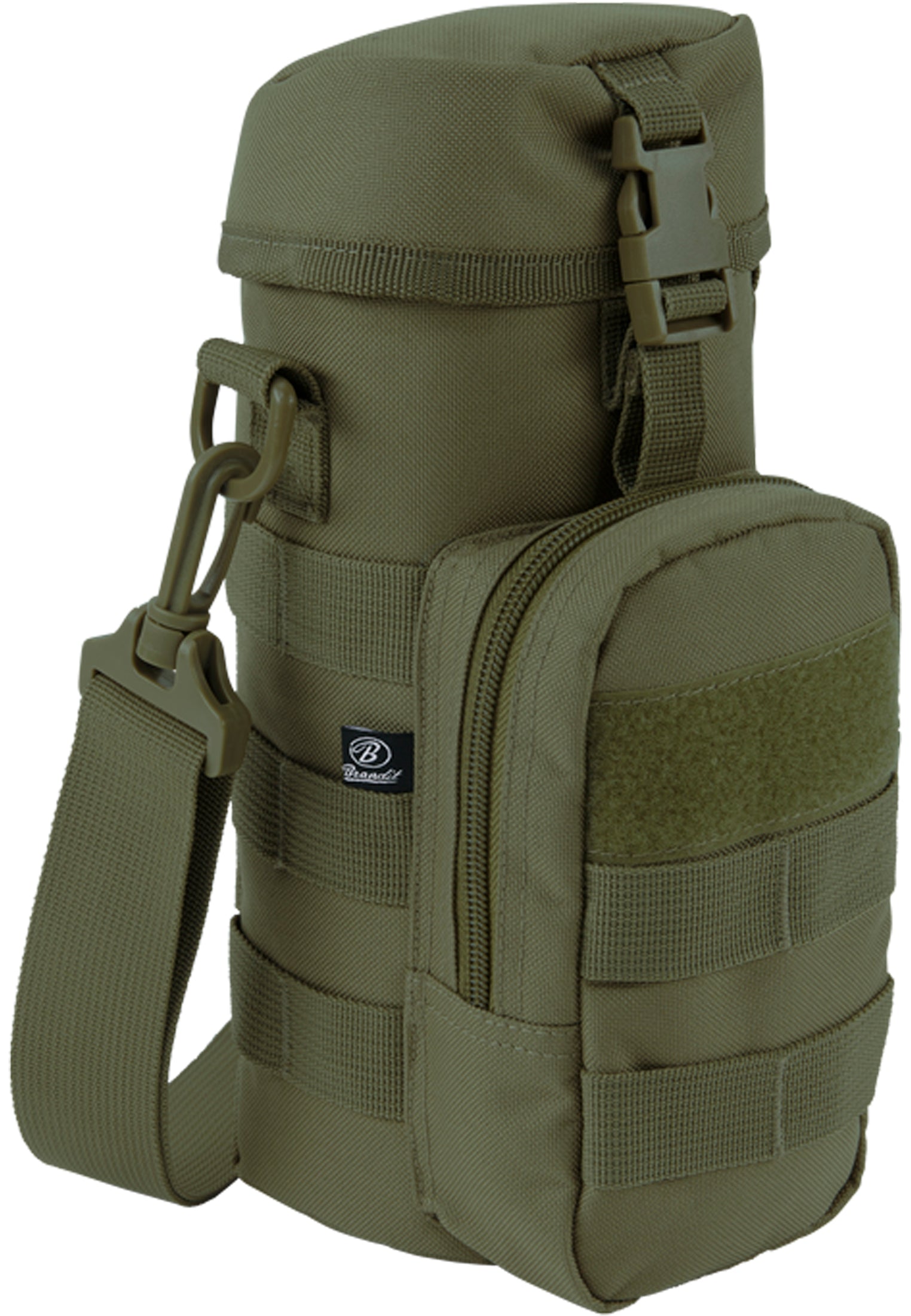 En olivgrön, taktisk flaskhållare från Brandit med en justerbar axelrem och MOLLE-system.
