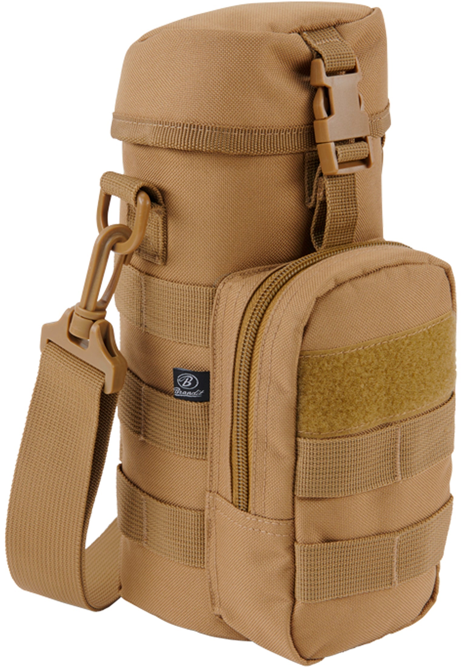 En beige, taktisk flaskhållare från Brandit med justerbar axelrem och en framficka.