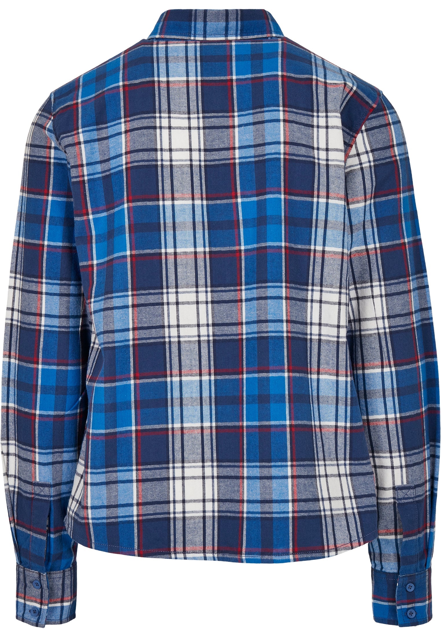 Baksidan av en långärmad, rutig herrskjorta i blått, vitt och rött.