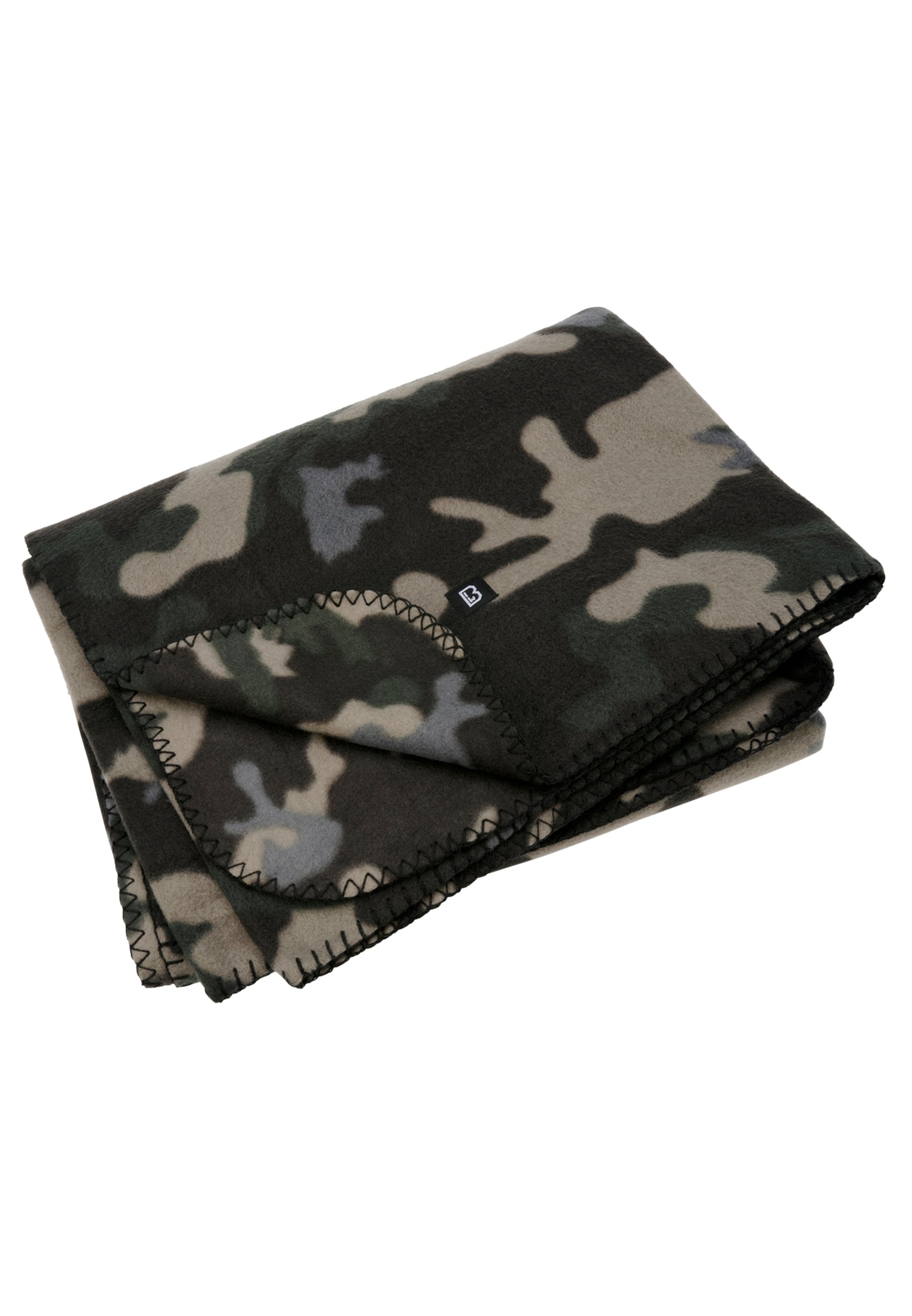 En kamouflagemönstrad fleecefilt från Brandit, prydligt hopvikt mot en vit bakgrund.