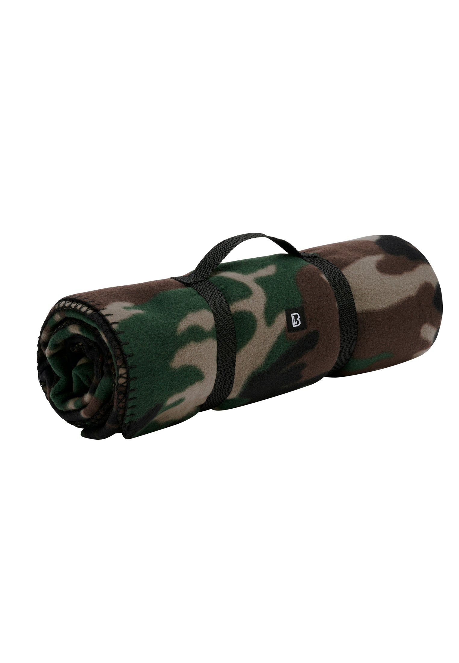 En ihoprullad kamouflagemönstrad fleecefilt med en svart bärrem.