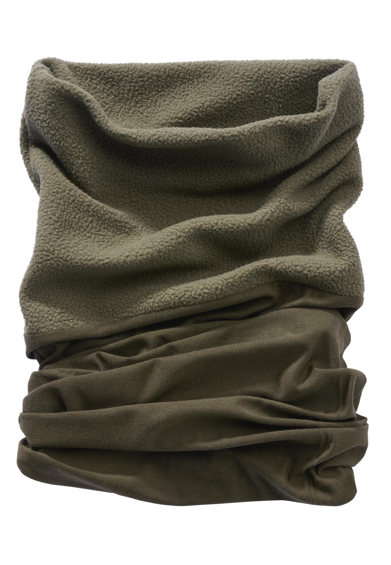 En olivgrön tubhalsduk i fleece och stretchigt material, fotograferad på en vit bakgrund.