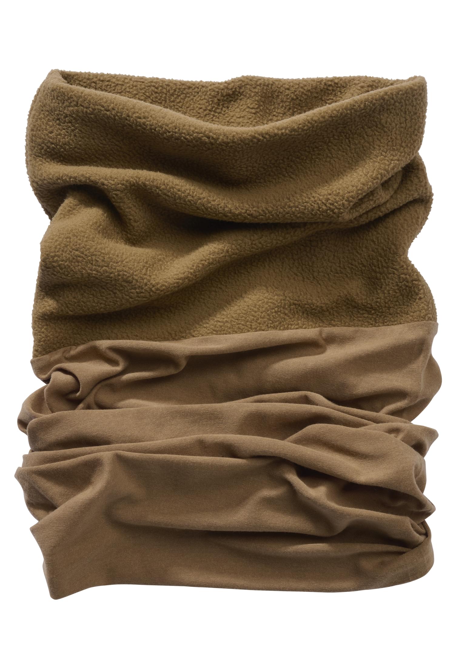 En olivgrön och beige loophalsduk i två olika material, fleece och stretchtyg, mot en vit bakgrund.