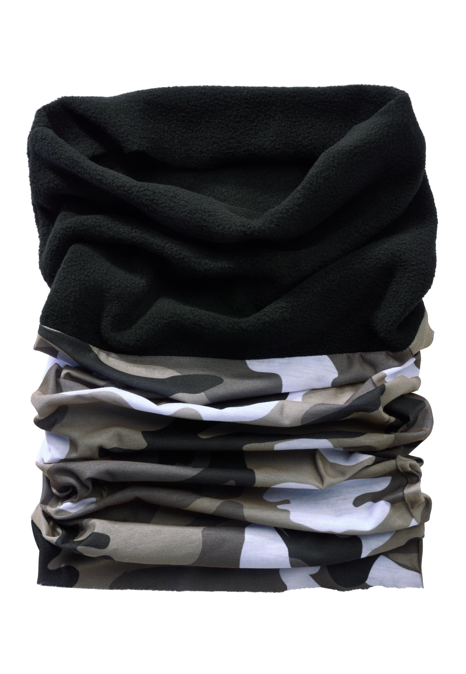 En loophalsduk med en övre del i svart fleece och en nedre del med kamouflagemönster, fotograferad mot en vit bakgrund.
