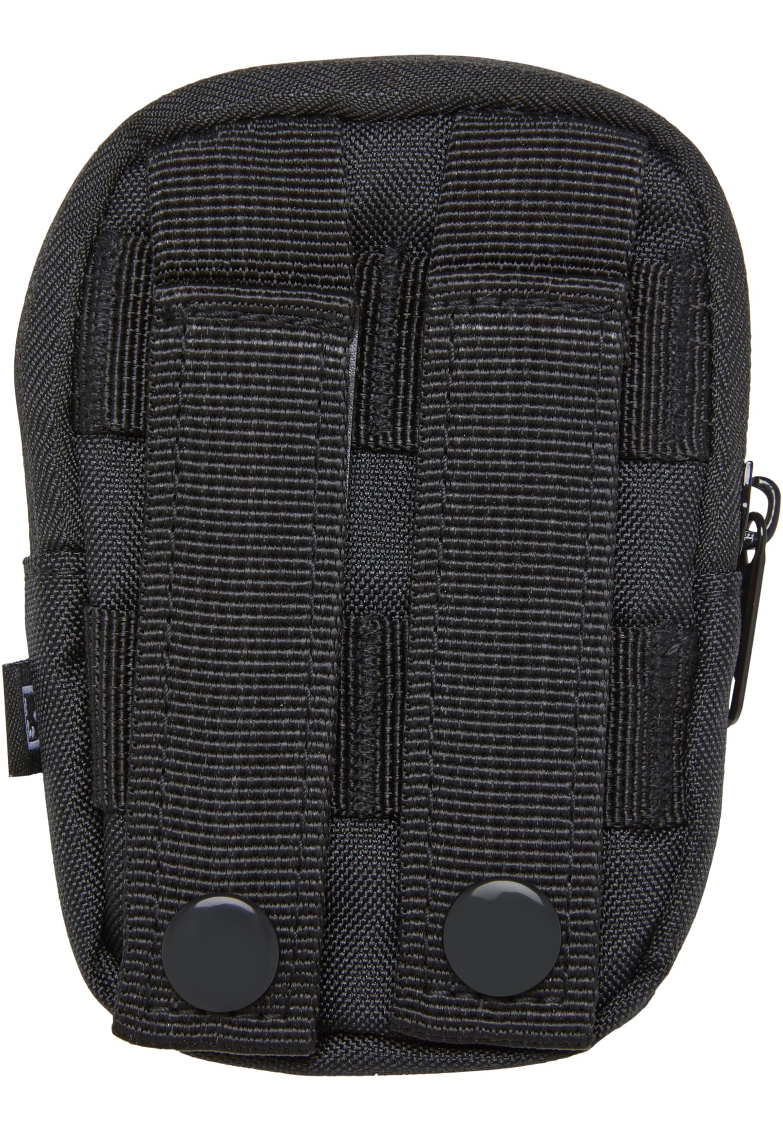 Baksidan av det svarta nyckelfodralet B Key Pouch, som visar fästremmar med tryckknappar.