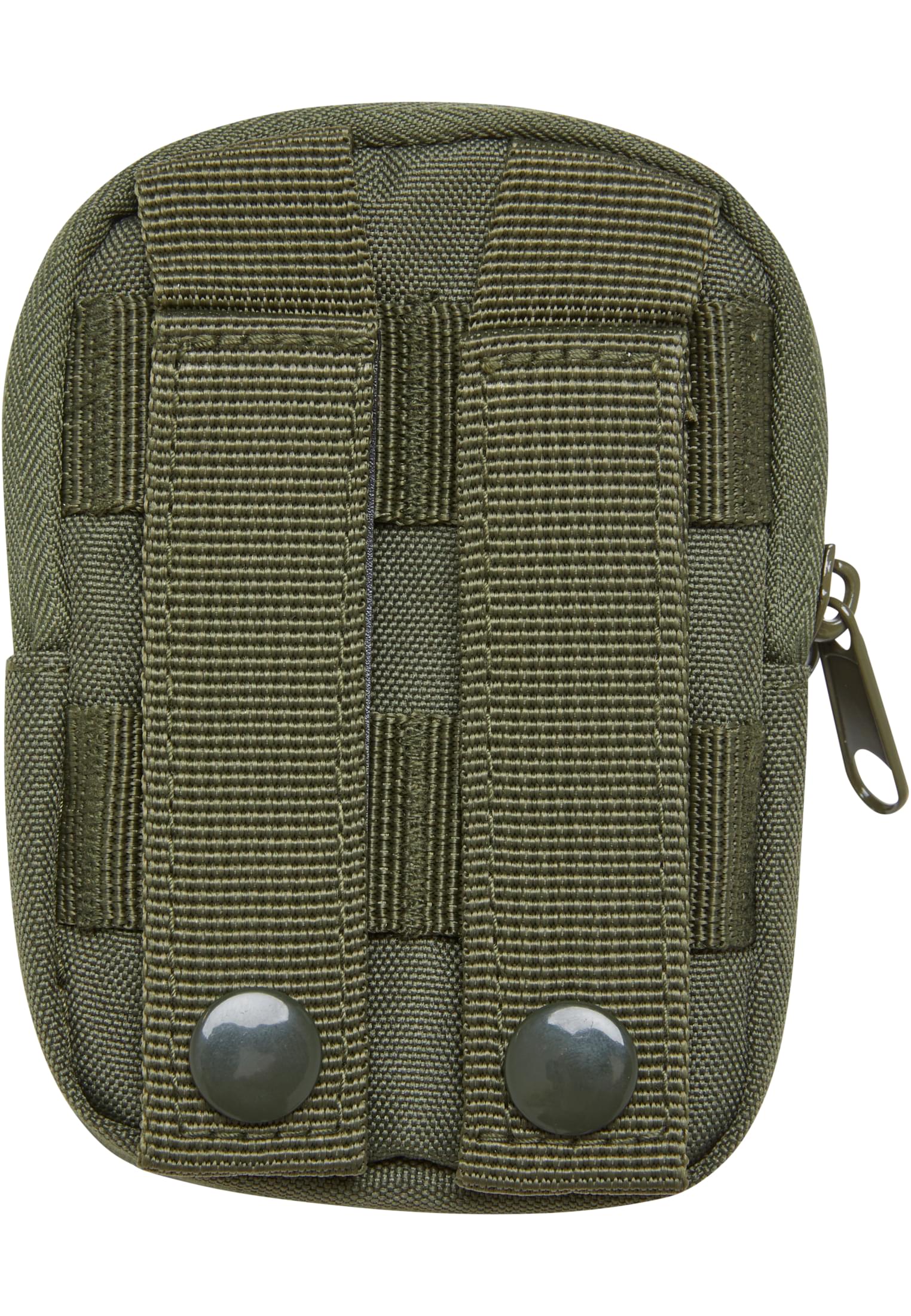 Baksidan av en olivgrön B Key Pouch med fästremmar och tryckknappar.