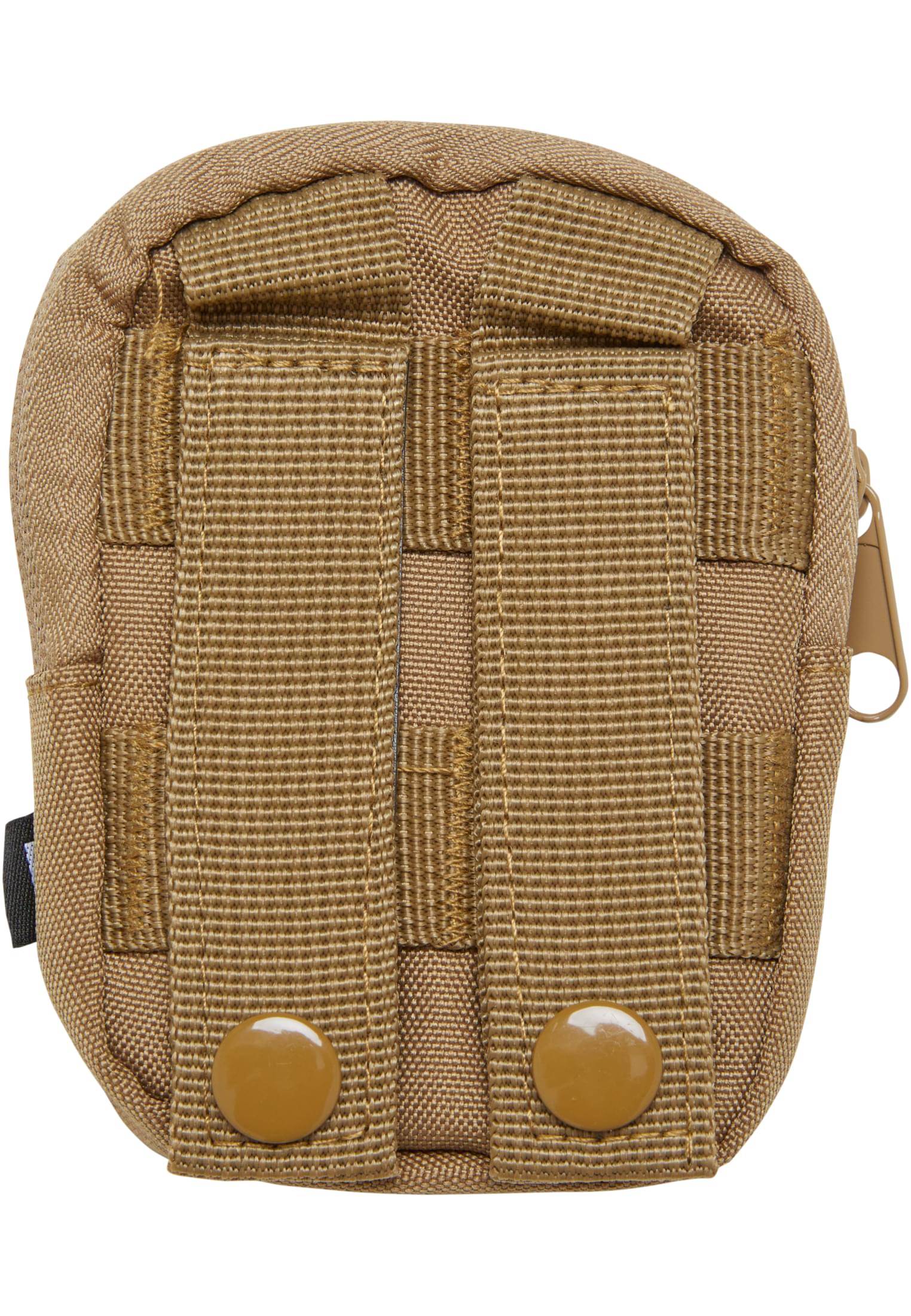 Baksidan av en beige B Key Pouch med MOLLE-fästsystem och remmar med tryckknappar.