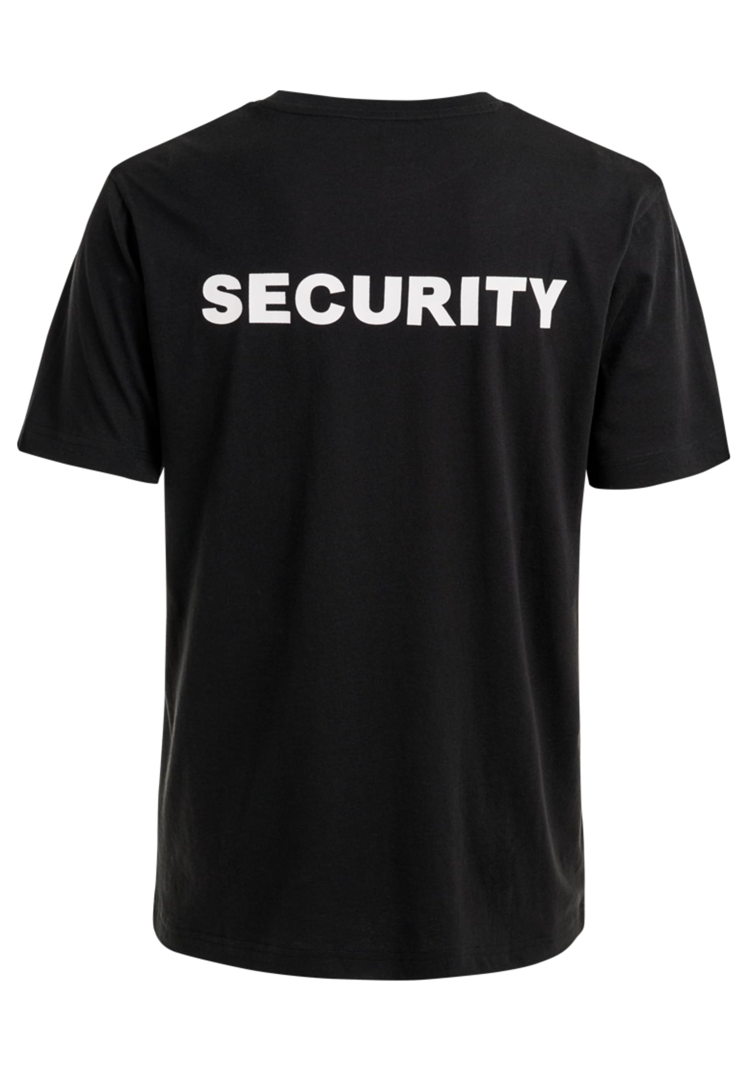 Baksidan av den svarta B Security T-shirten med texten 'SECURITY' i stora, vita bokstäver.