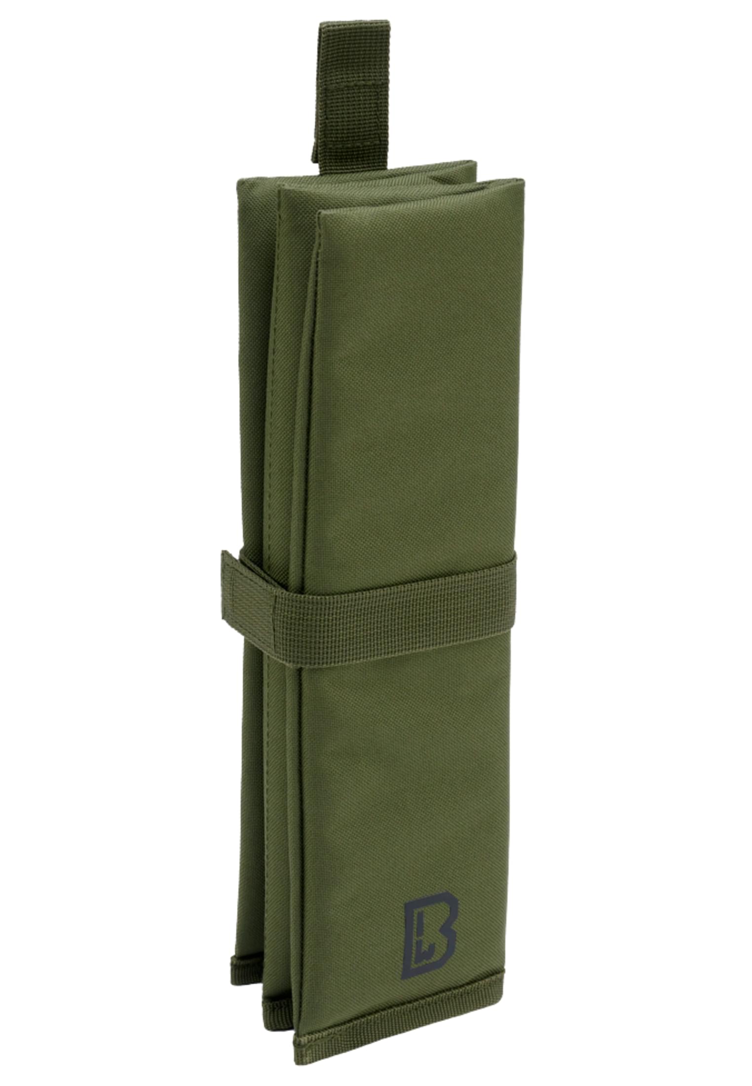 En hopvikt, olivgrön sittdyna med kardborreband och bärrem.