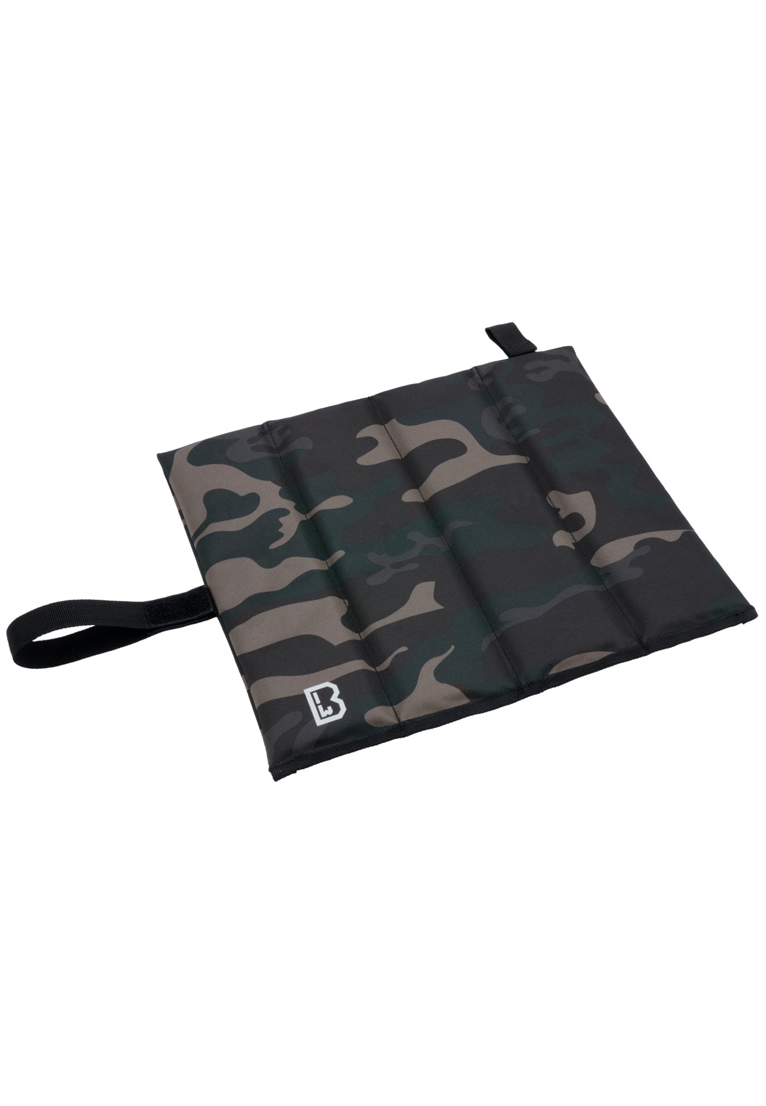 En hopvikt sittdyna i kamouflagemönster med ett svart kardborreband.