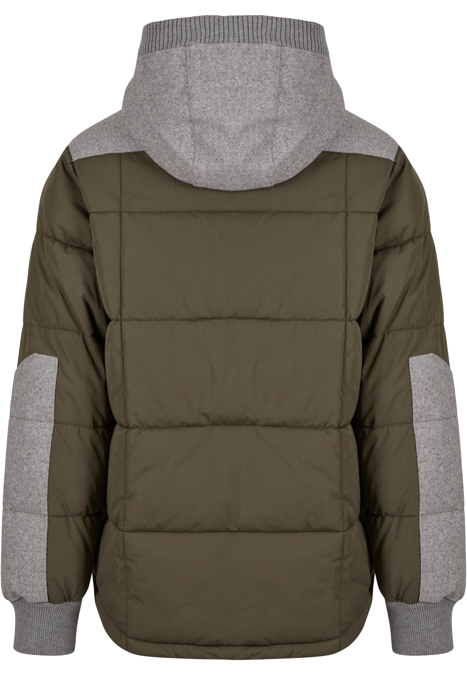 Baksidan av en olivgrön vadderad herrjacka med gråa kontrastpaneler på huvan och ärmarna.