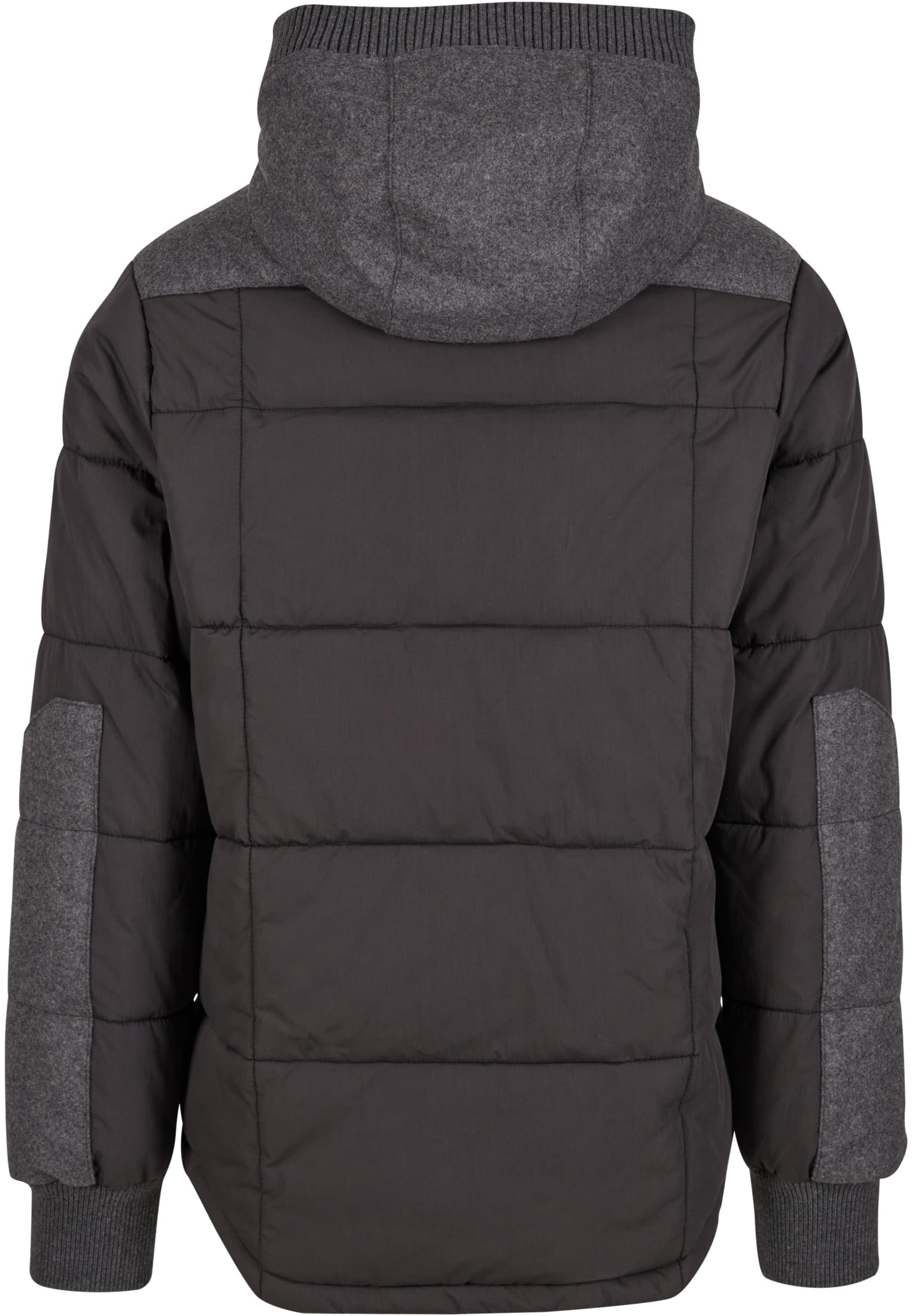 Baksidan av en svart och antracitgrå vadderad herrjacka med huva och gråa paneler på axlar och armbågar.