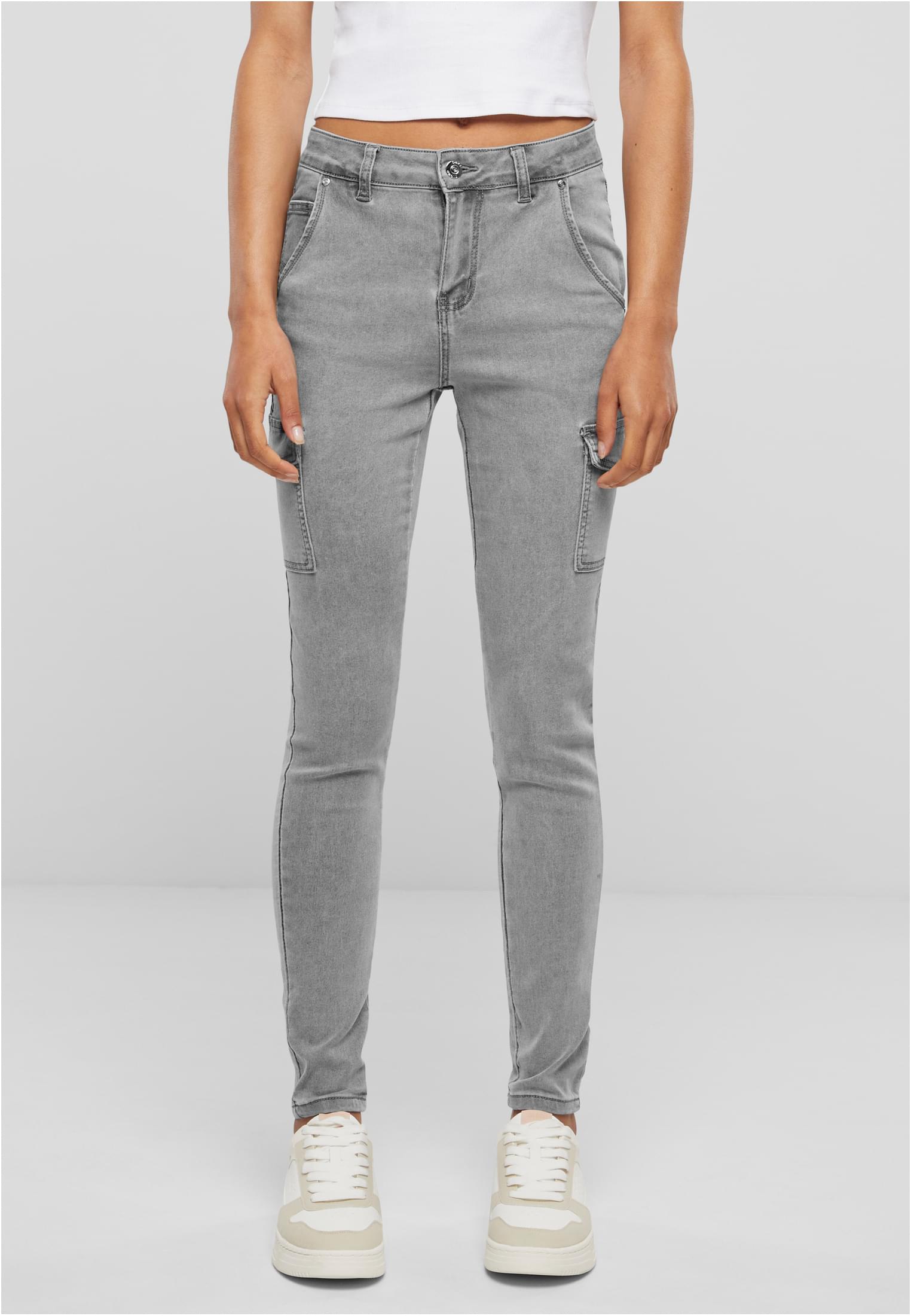 Cloud5ive Damen High Waist Cargo Jeans Hose mit washed look grey XXL - workoutbrands.com