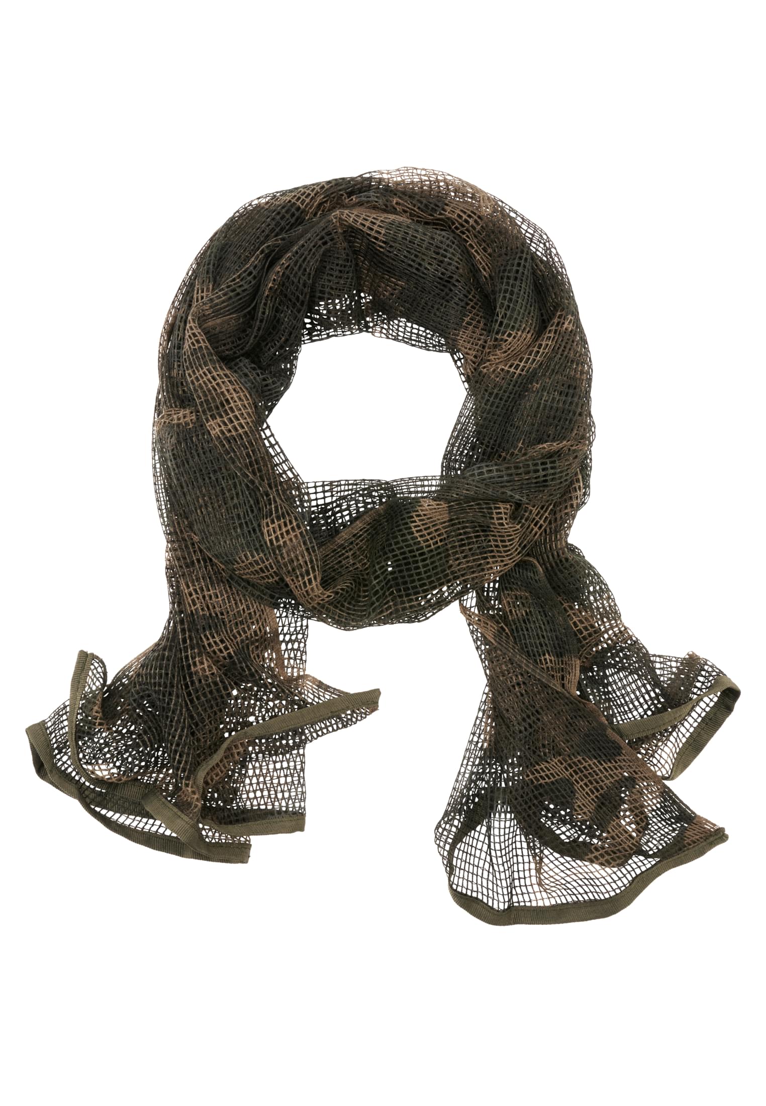 En B Commando Scarf i meshtyg med mörkt kamouflagemönster, fotograferad mot vit bakgrund.