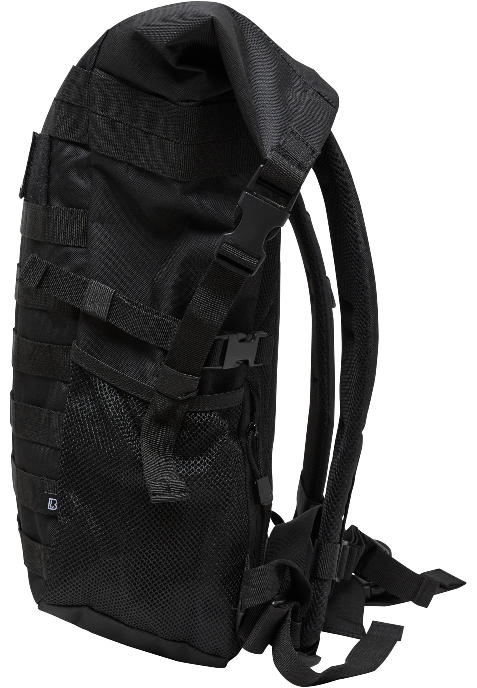 Sidoprofil av en B Cooper Rolltop-ryggsäck i svart, med vadderade axelremmar och en sidoficka i nät.