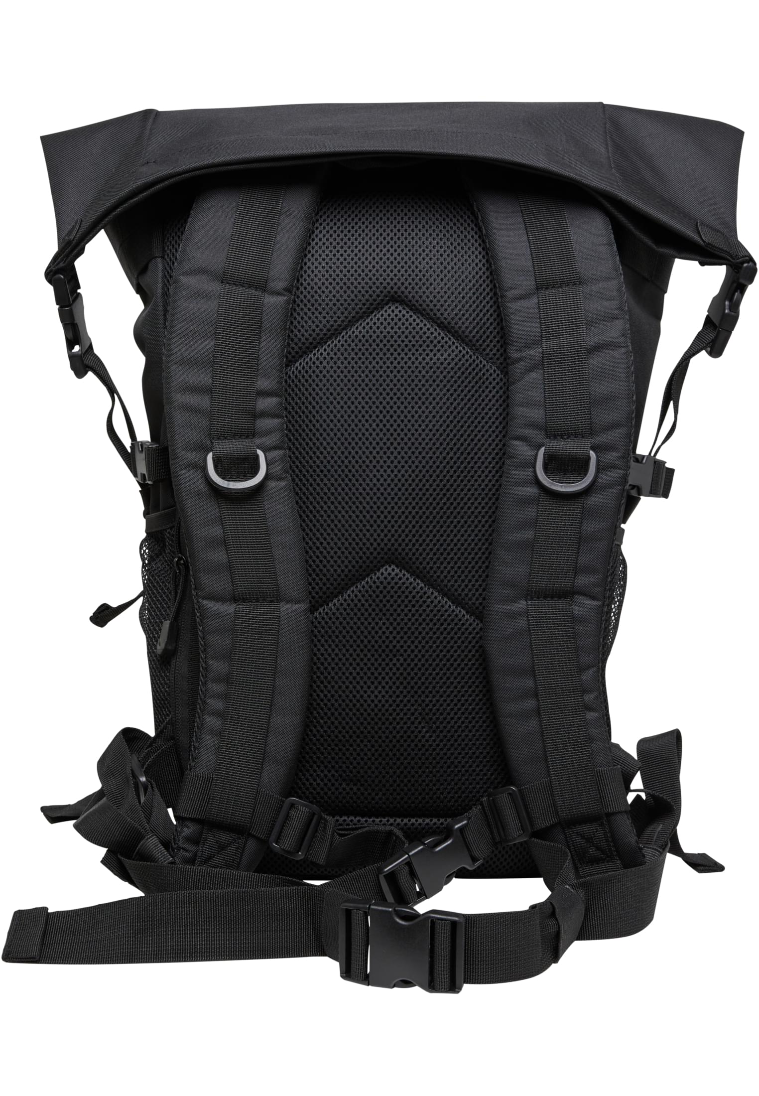 Baksidan av den svarta ryggsäcken B Cooper Rolltop, som visar de vadderade axelremmarna, ryggpanelen i mesh och höftbältet.