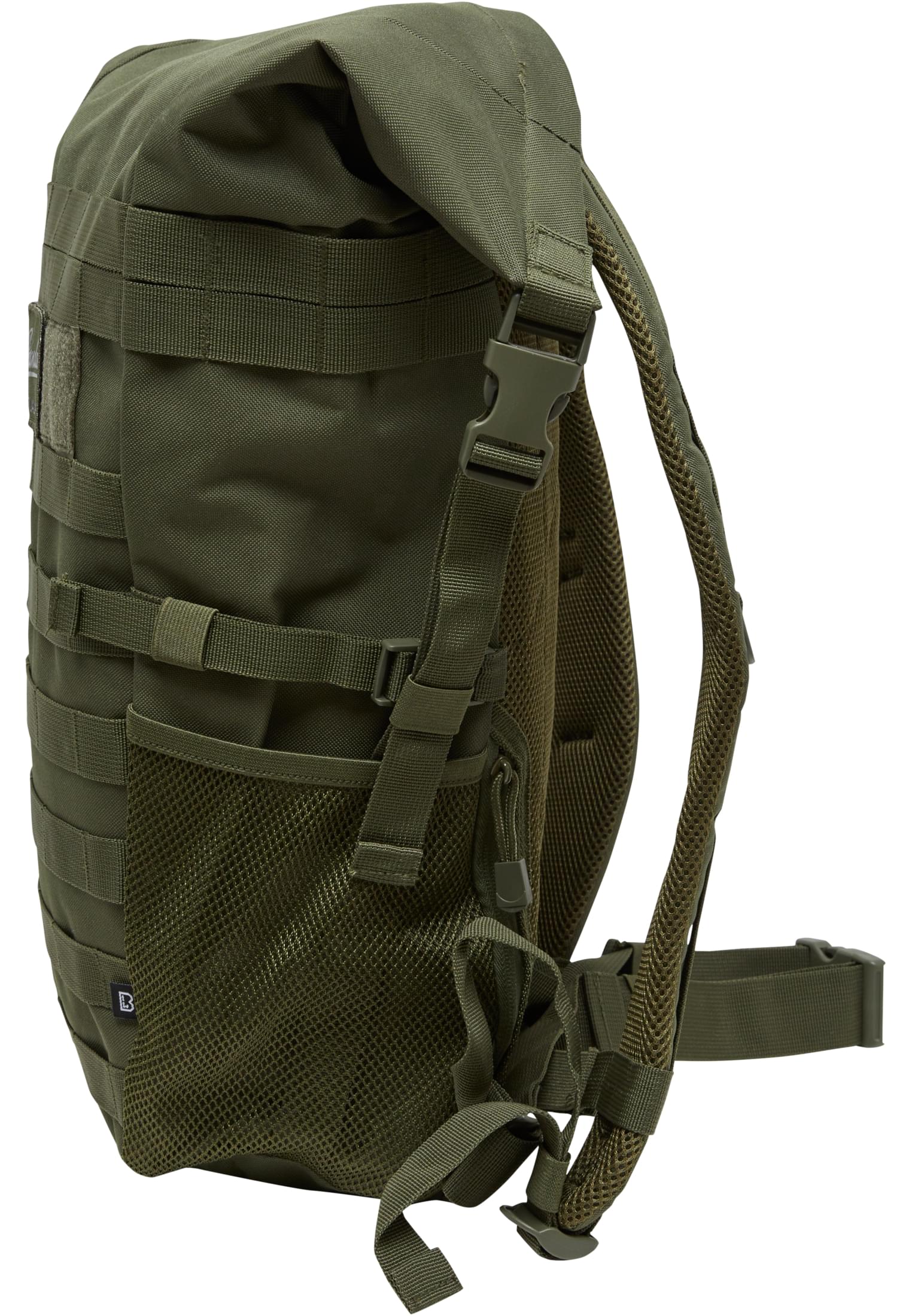Sidovy av den olivgröna ryggsäcken B Cooper Rolltop som visar dess axelremmar, sidoficka i nät och MOLLE-system.