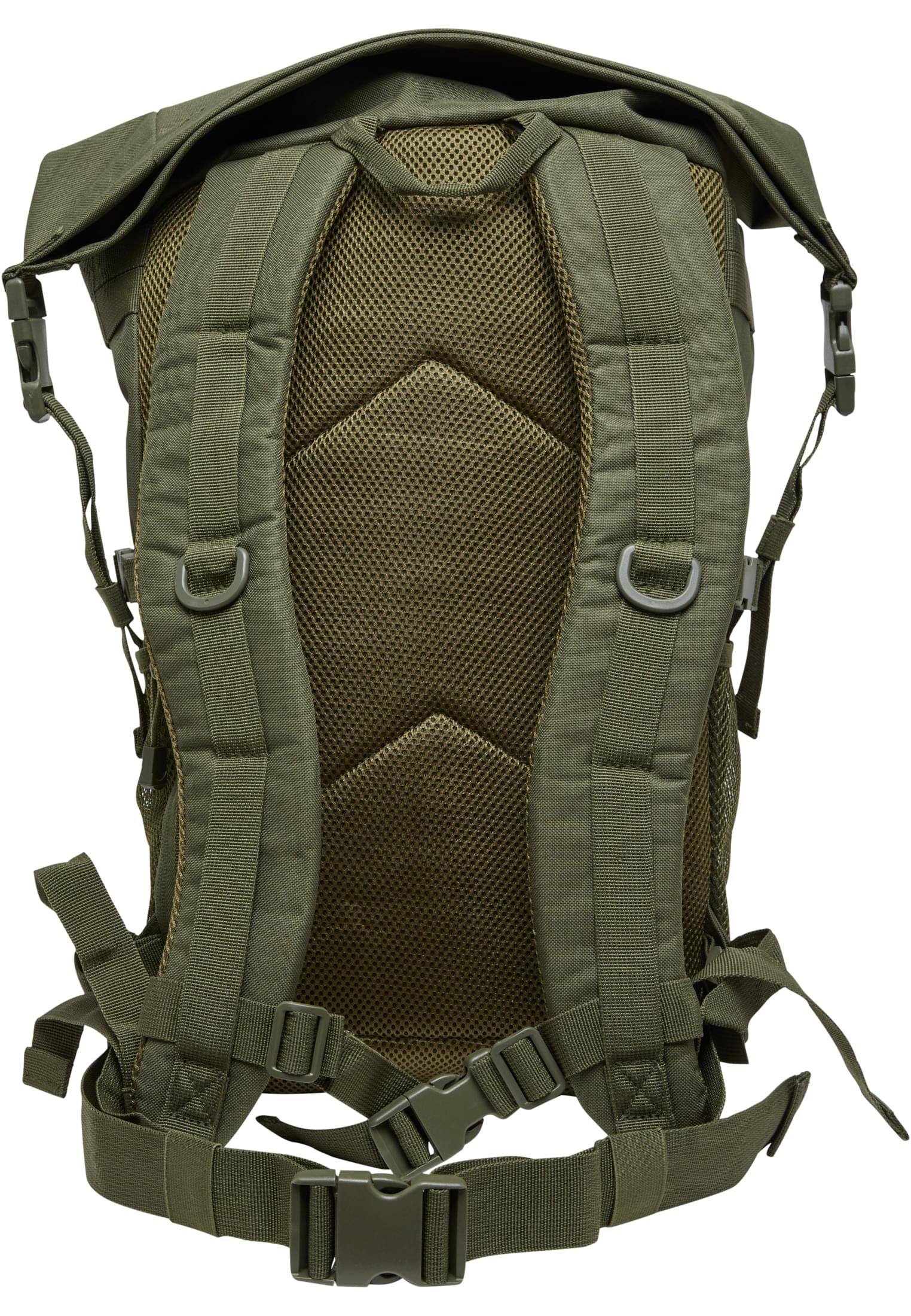 Baksidan av den olivgröna ryggsäcken B Cooper Rolltop, som visar de vadderade axelremmarna, meshpanelen och höftbältet.