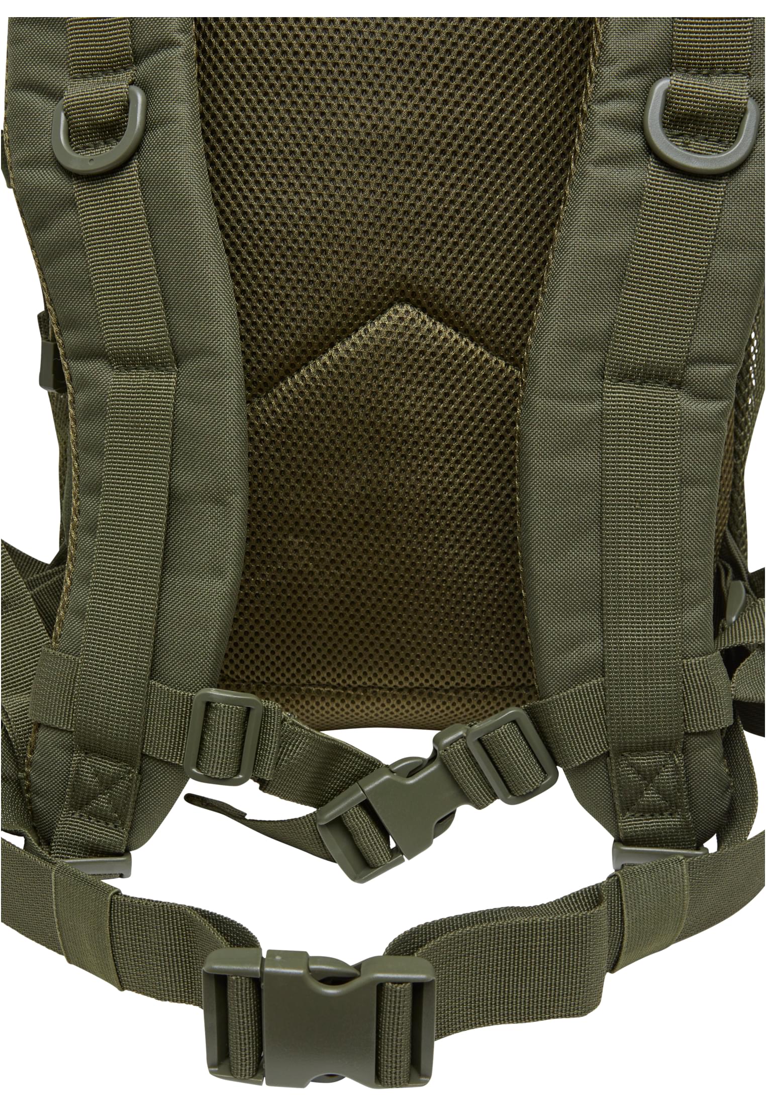 Detaljerad bild av baksidan på en olivgrön ryggsäck, som visar de vadderade remmarna, bröst- och höftbältena med spännen.