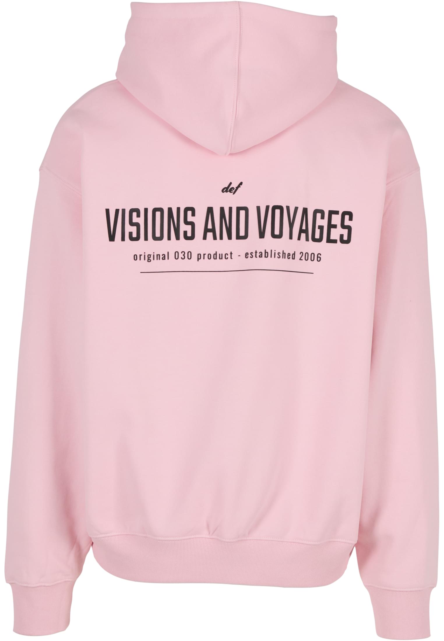 Baksidan av den rosa huvtröjan DEF VISIONS med svart tryck.