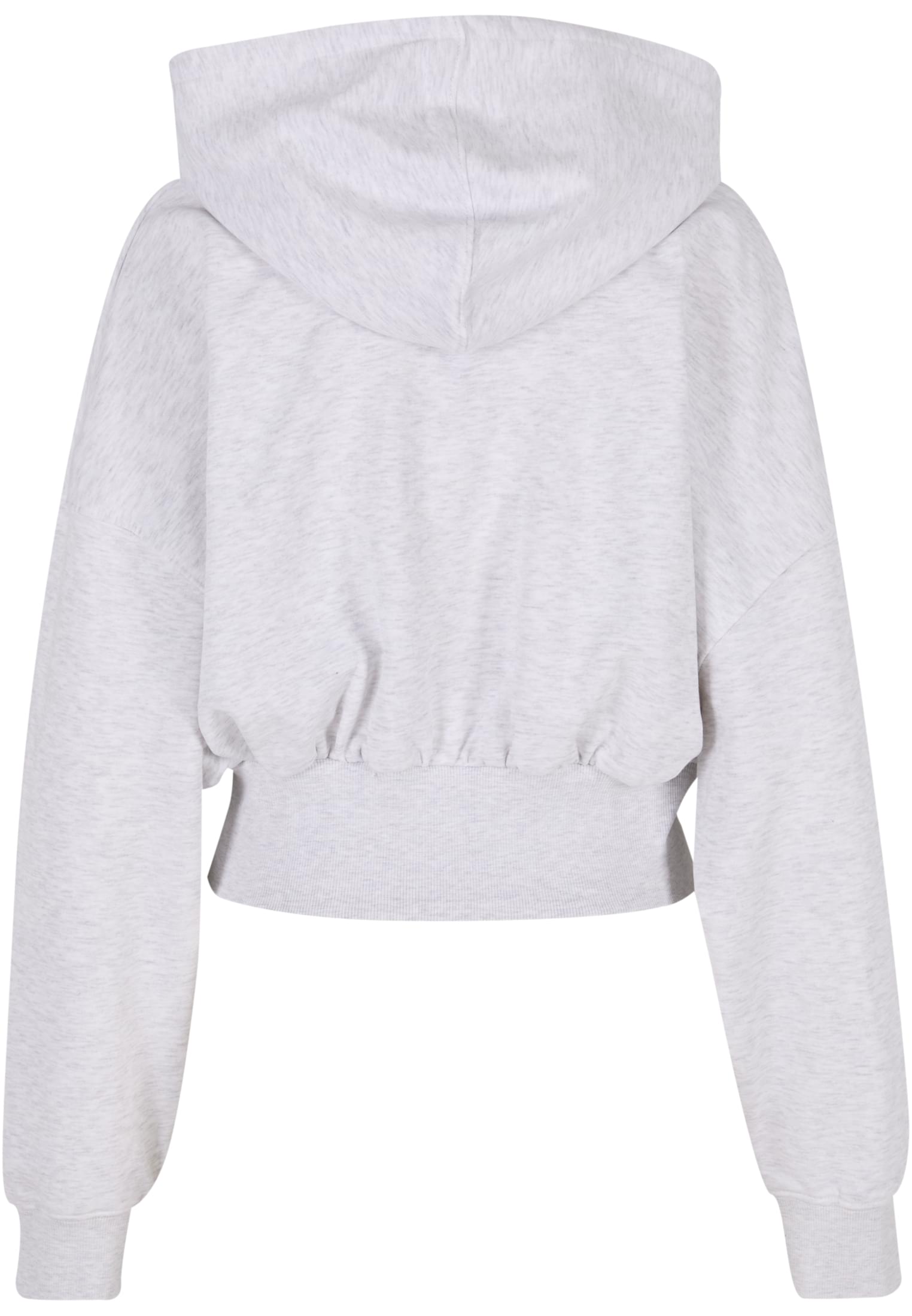 Baksidan av en ljusgråmelerad, croppad hoodie.