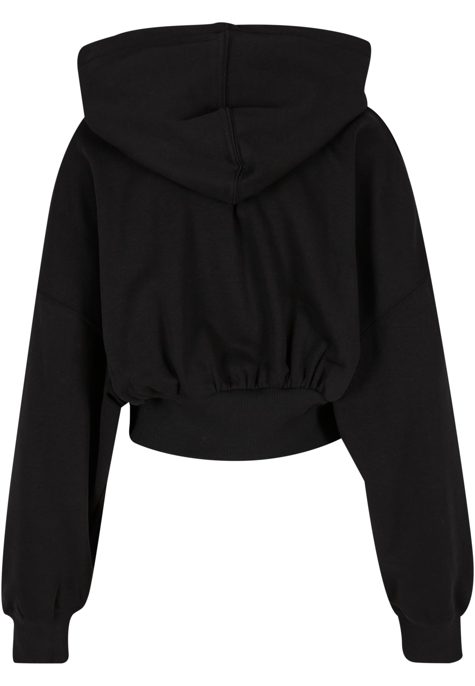 Baksidan av en svart, croppad luvtröja.