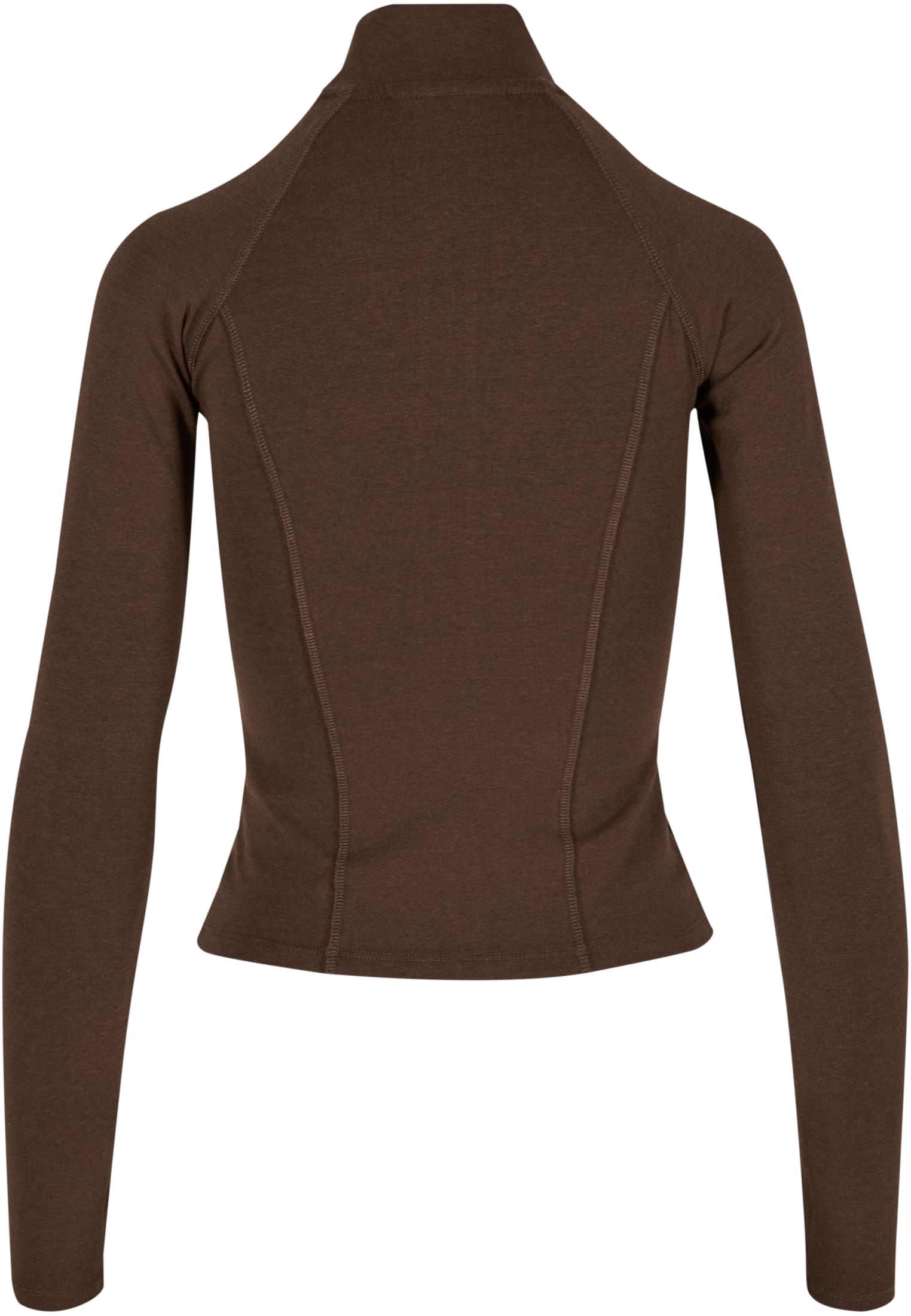 Baksidan av en brun, figursydd DEF GYM Track Jacket med hög krage.