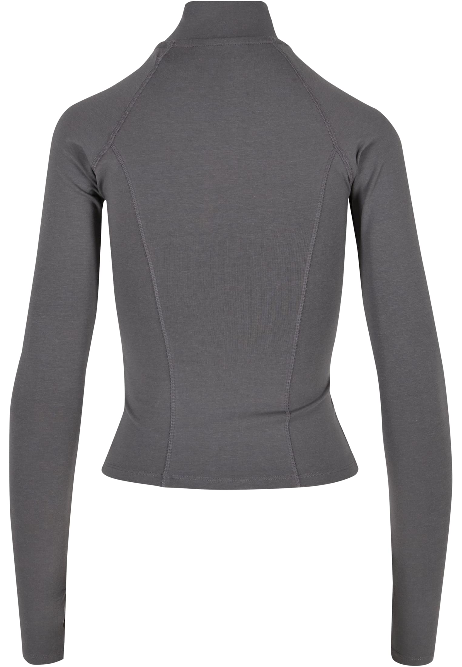 Baksidan av en grå, långärmad träningsjacka.