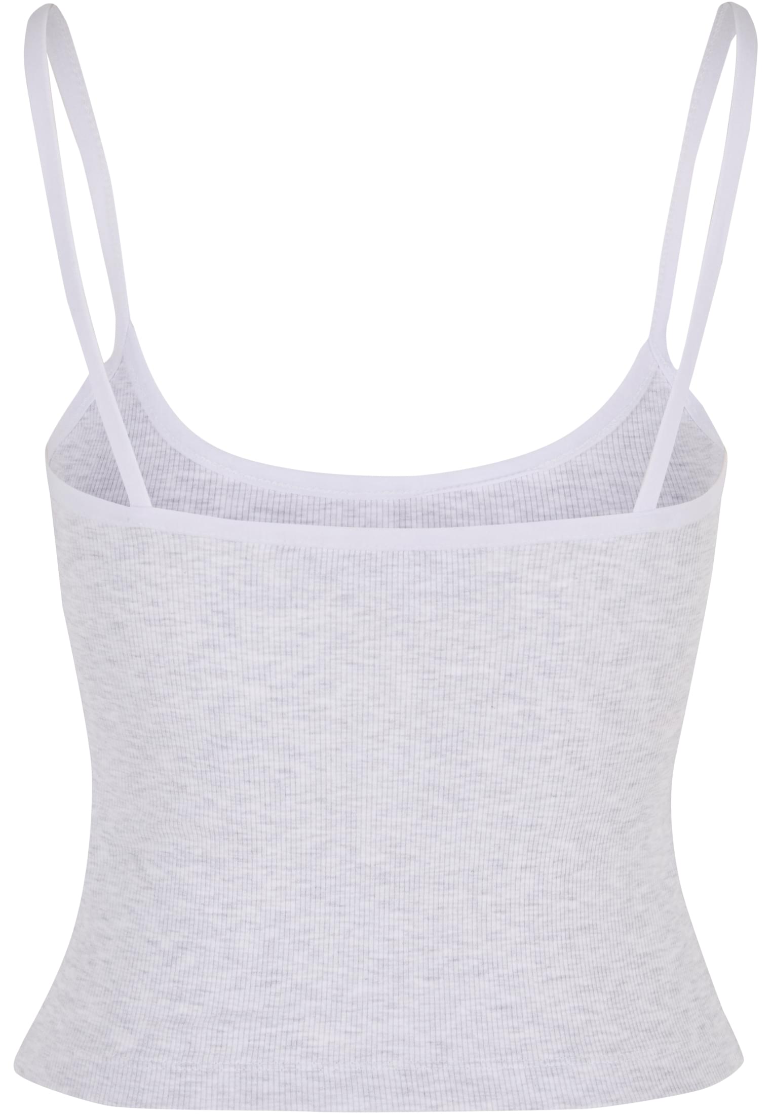 Baksidan av ett ljusgrått ribbat linne med tunna vita axelband.