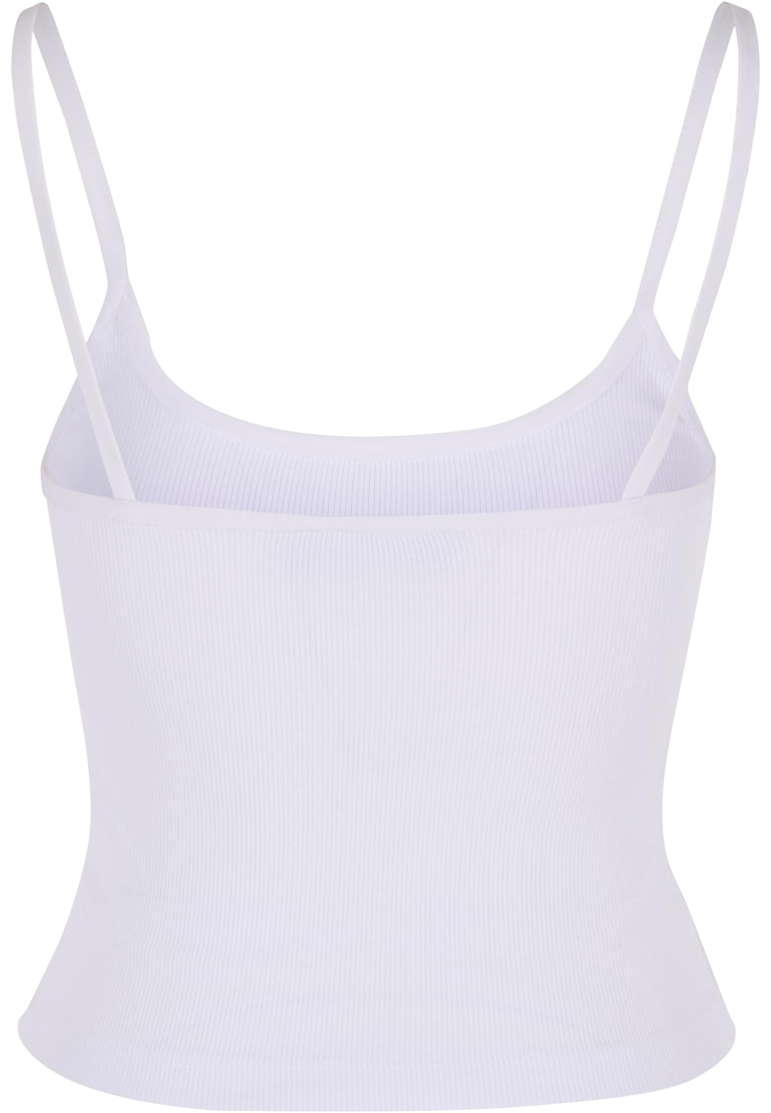 Baksidan av ett vitt, ribbat linne med smala axelband.