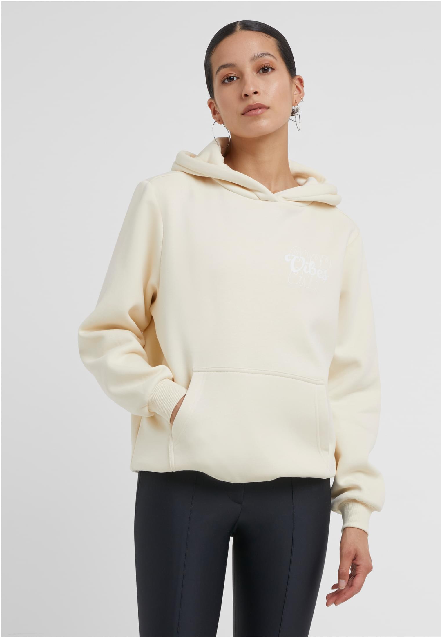 Good Vibes Puff Print Ladies Fluffy Hoody whitesand XXL - workoutbrands.com