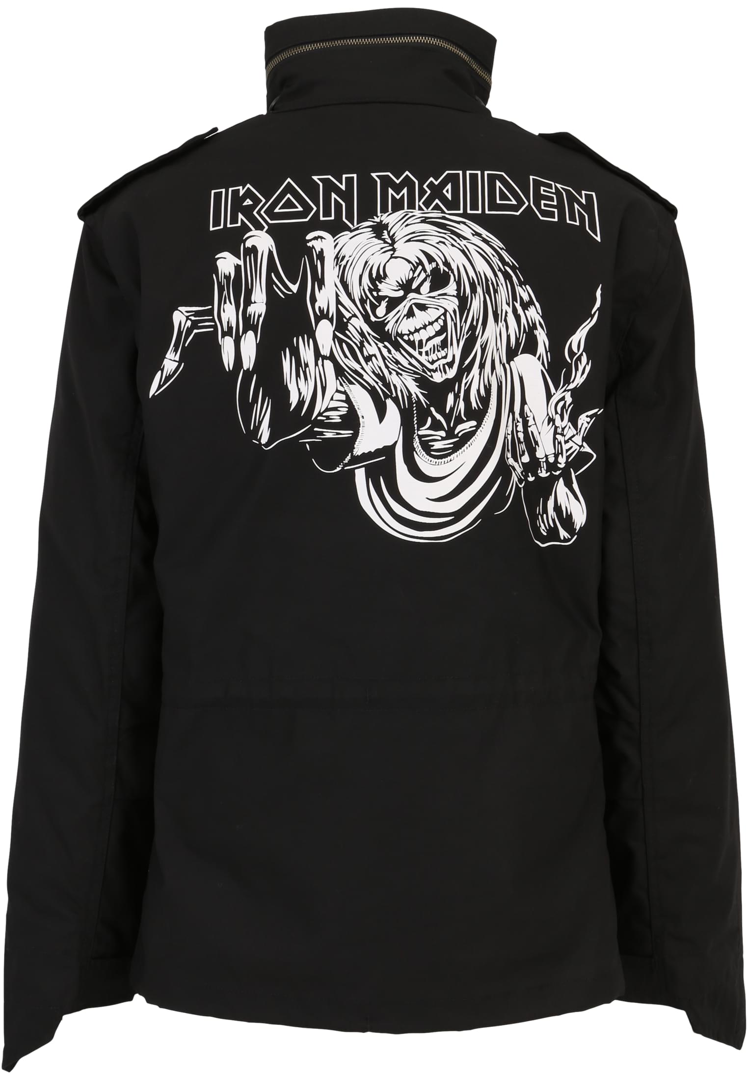Baksidan av den svarta B IRM M65-jackan med ett stort vitt tryck av Iron Maidens logotyp och deras maskot Eddie.
