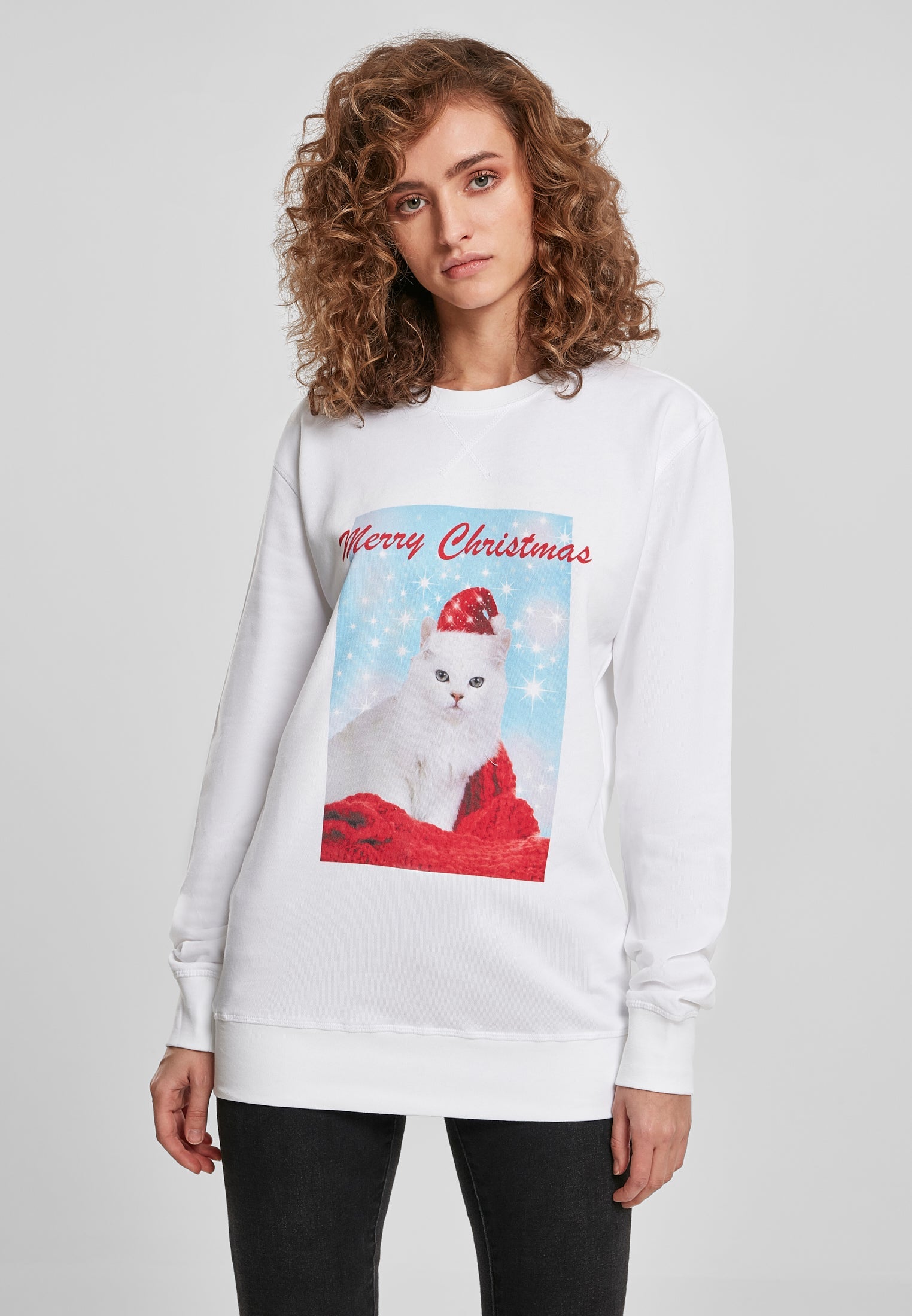 Ladies Merry Christmas Cat Crewneck white XS - workoutbrands.com