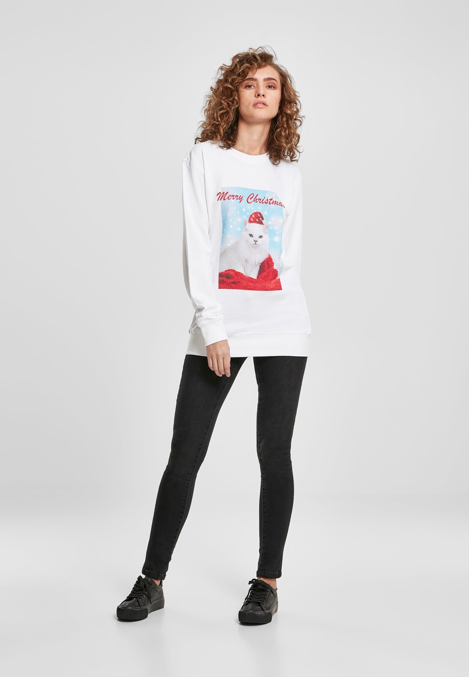 Ladies Merry Christmas Cat Crewneck white XS - workoutbrands.com