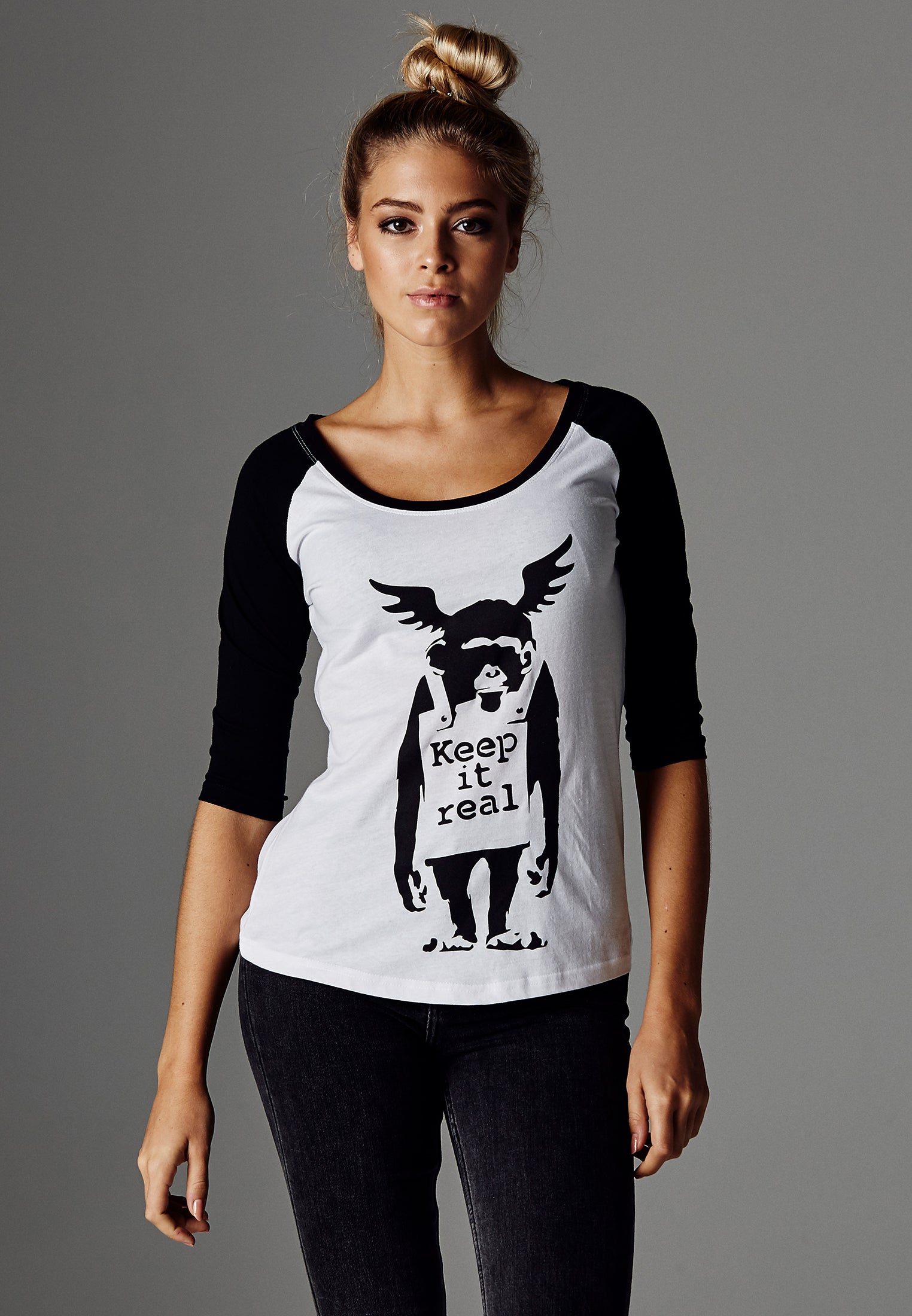 Ladies Brandalised - Maglietta raglan con graffiti di Banksy Ape bianco/nero XXL