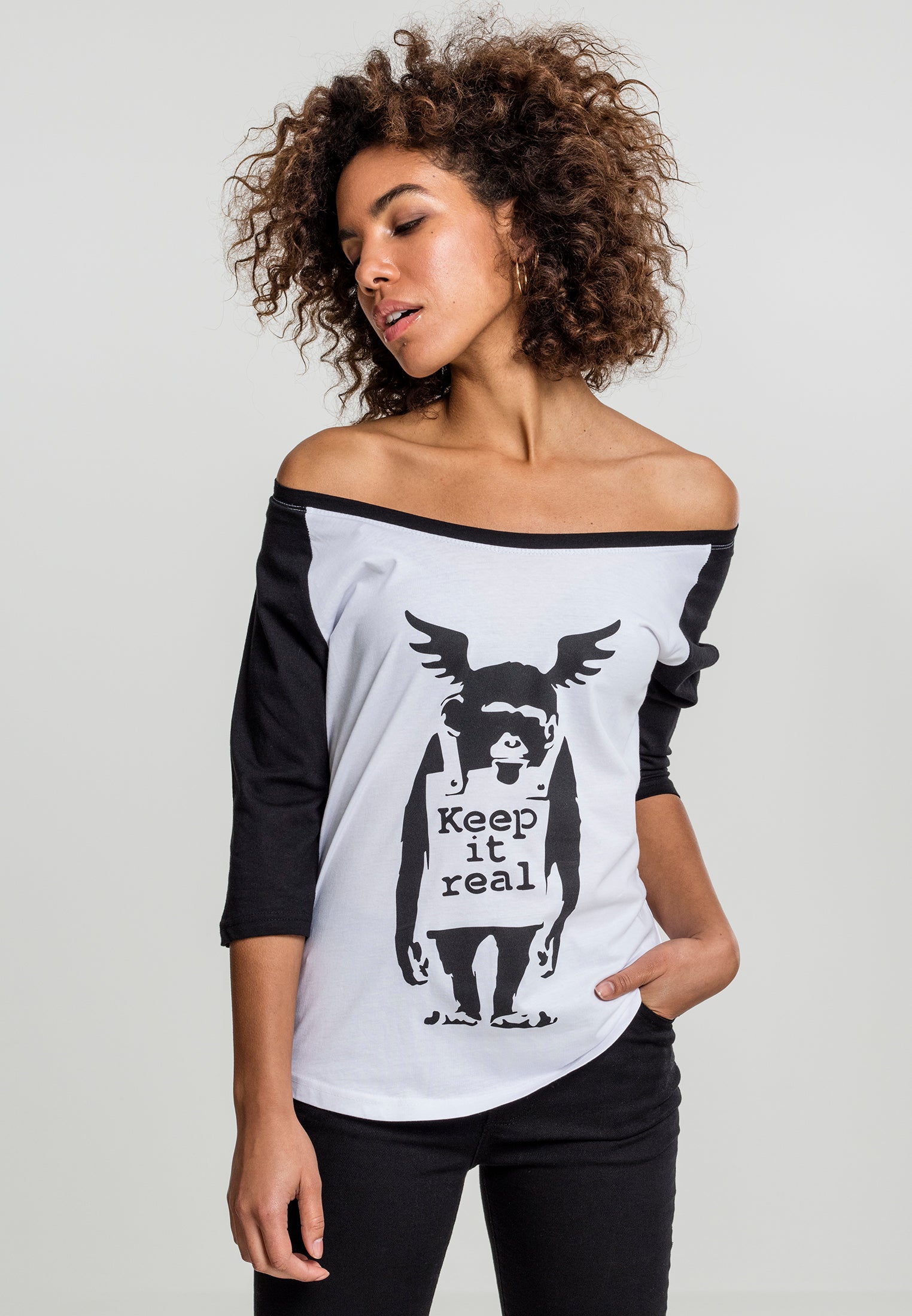 Ladies Brandalised - Maglietta raglan con graffiti di Banksy Ape bianco/nero XXL