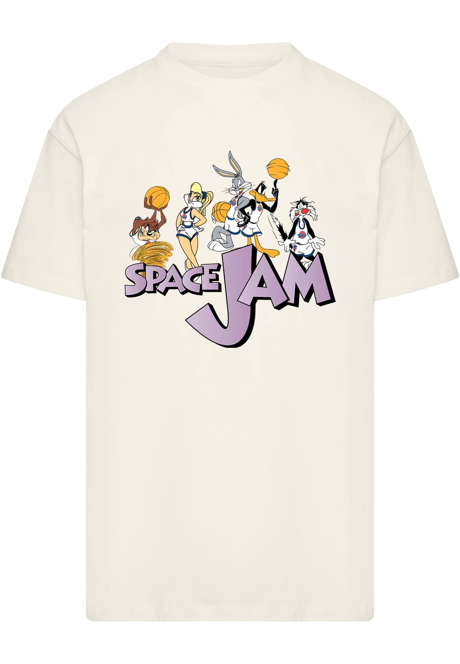 Framsidan av en sandfärgad oversize t-shirt med ett tryck av Tune Squad från Space Jam.