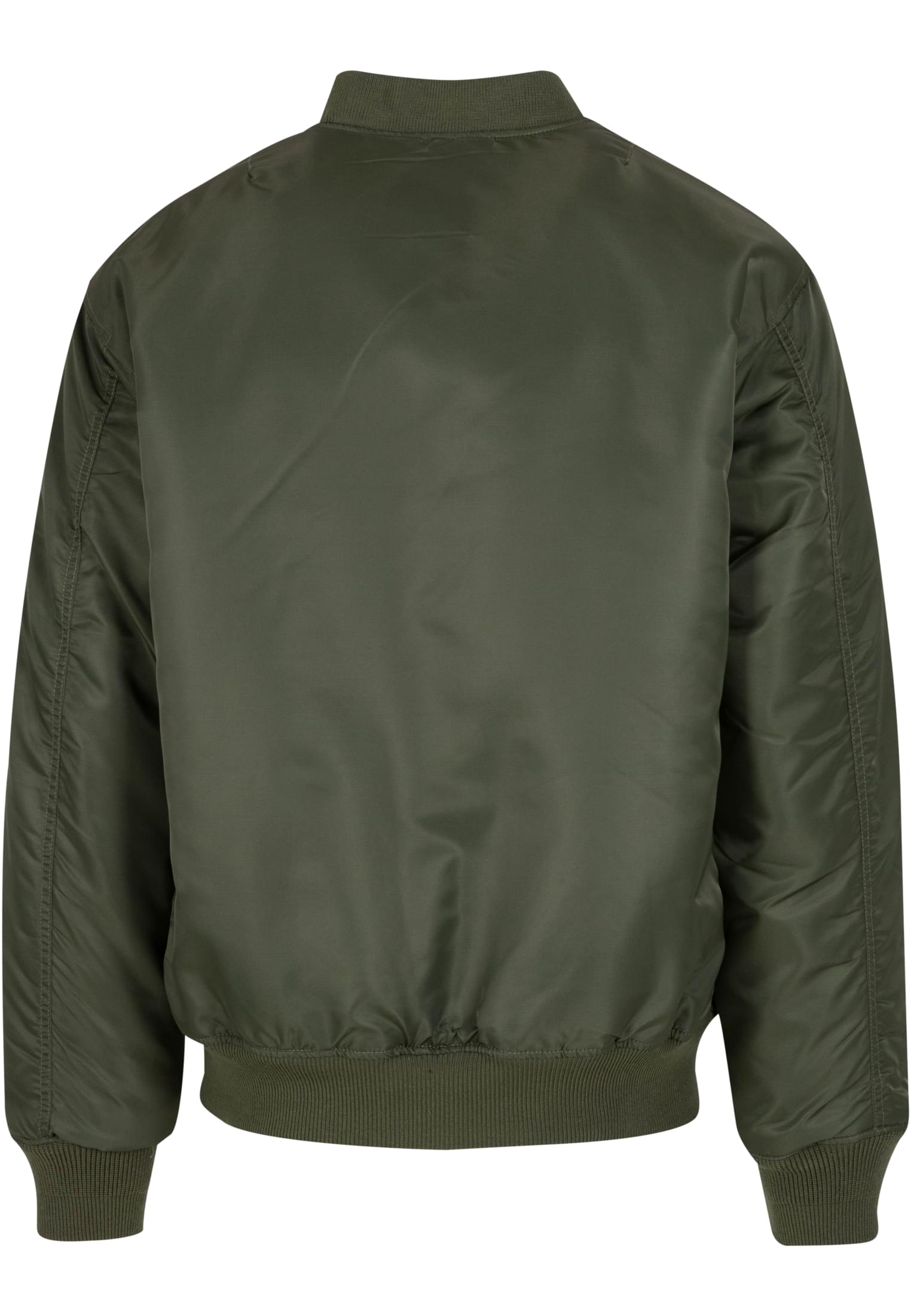 Baksidan av en olivgrön bomberjacka.
