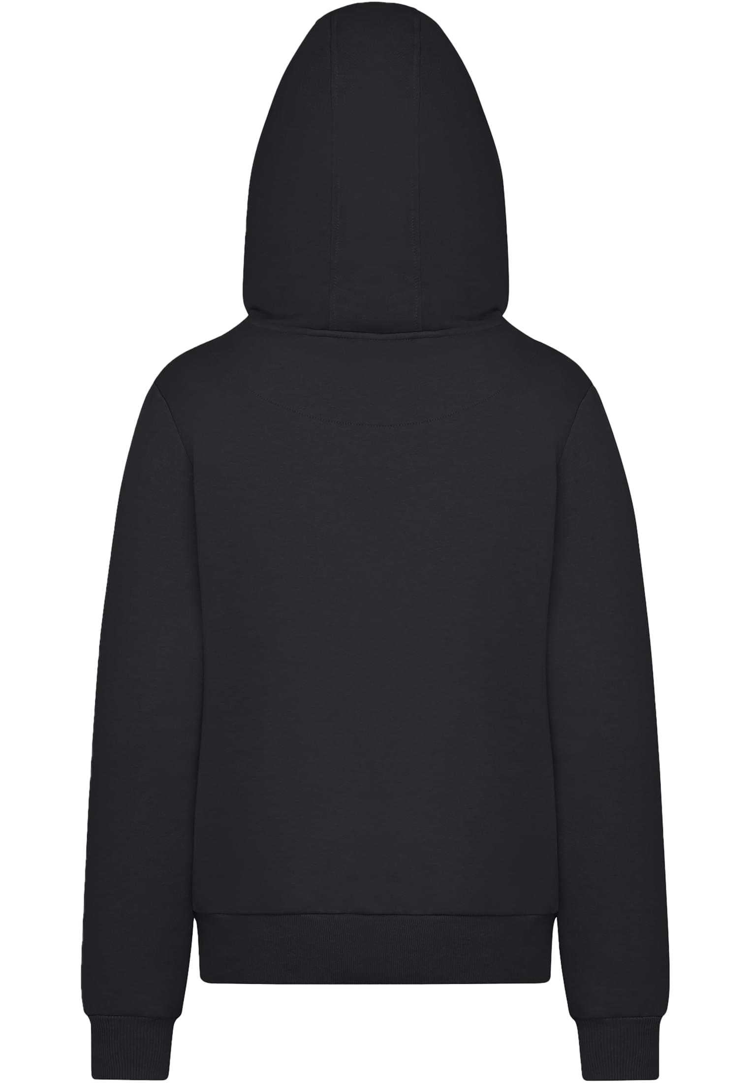 Baksidan av en svart, fluffig huvtröja för damer med huvan uppe.