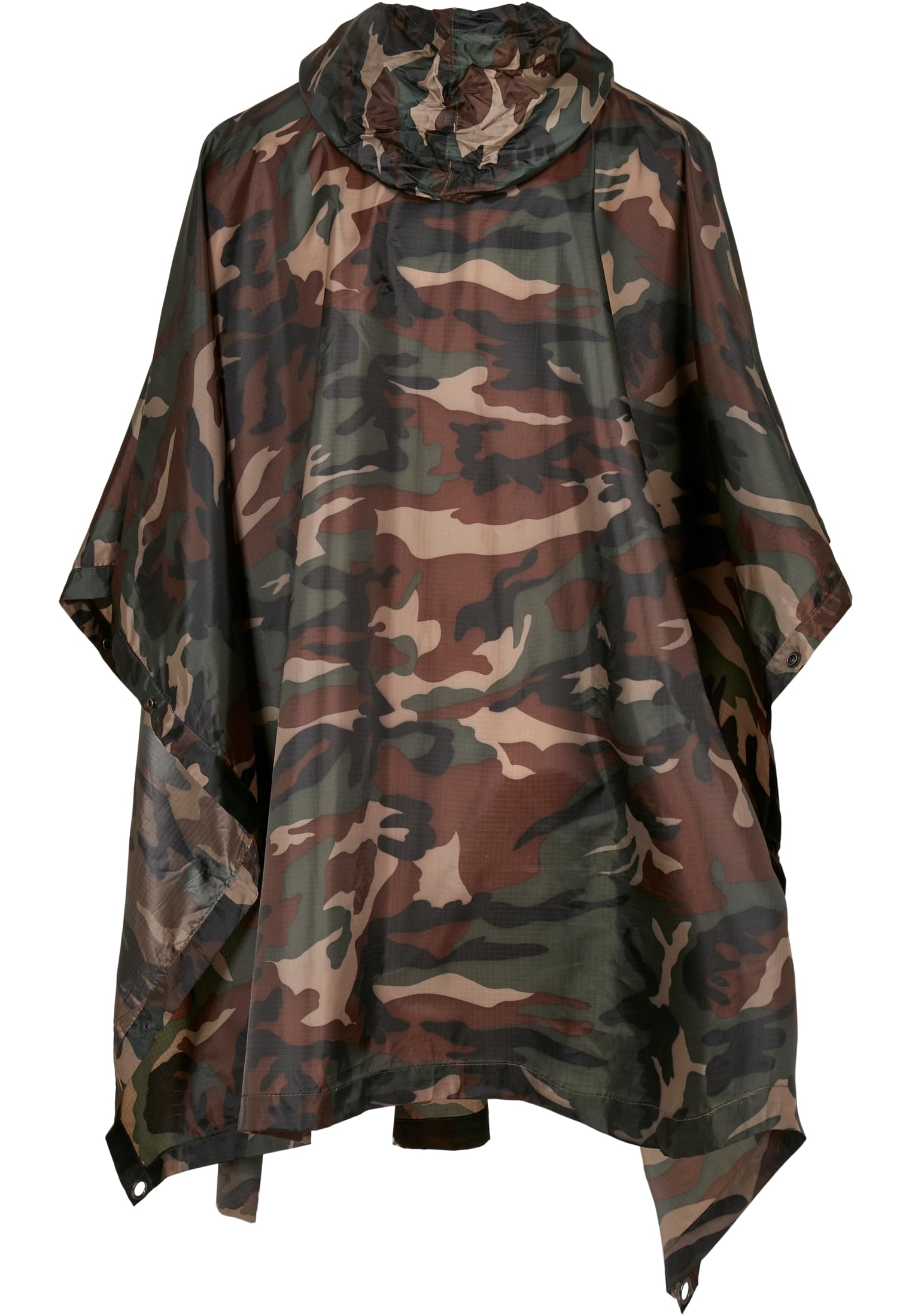 Baksidan av en ripstop-poncho i kamouflagemönster med huva.