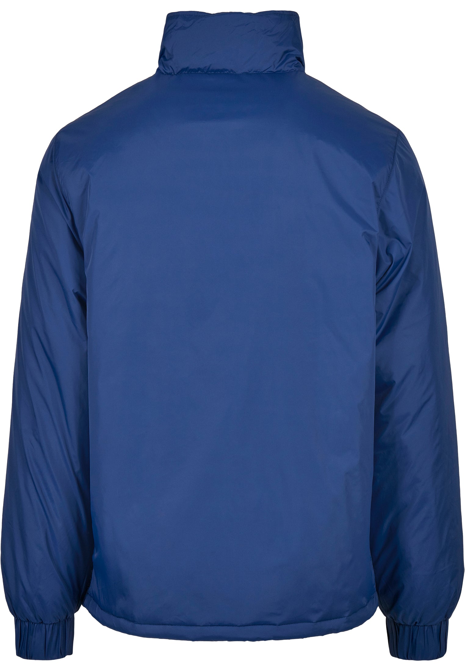 Baksidan av en blå vadderad SBL Starter Logo Half Zip-jacka med ståkrage och elastiska ärmslut.