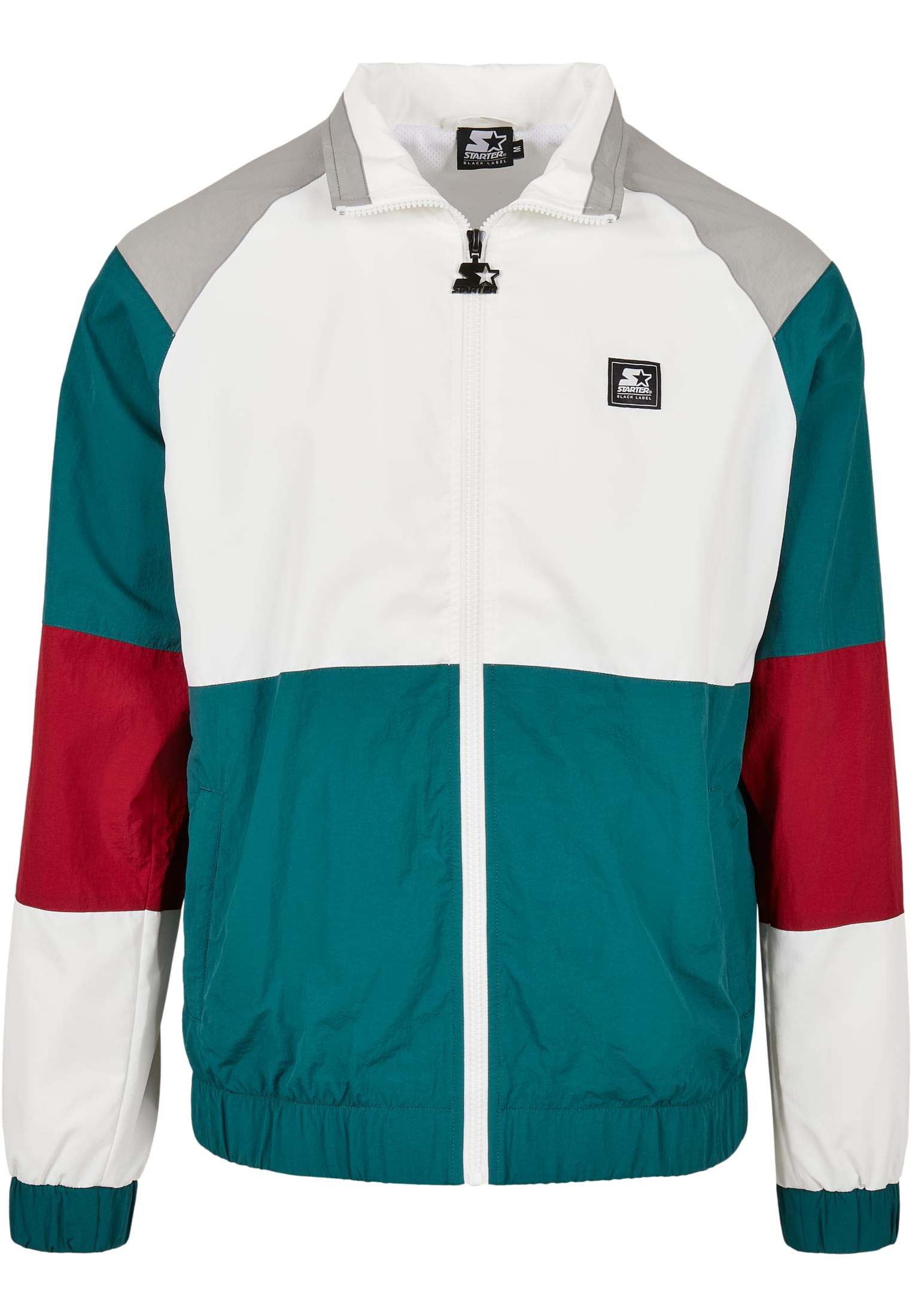 Framsidan av en SBL Starter Color Block Retro Jacket i vitt, grönt, rött och grått.